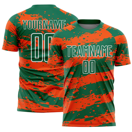 Custom Kelly Green Orange-White Splash Sublimation Soccer Uniform Jersey - Sky-Custom