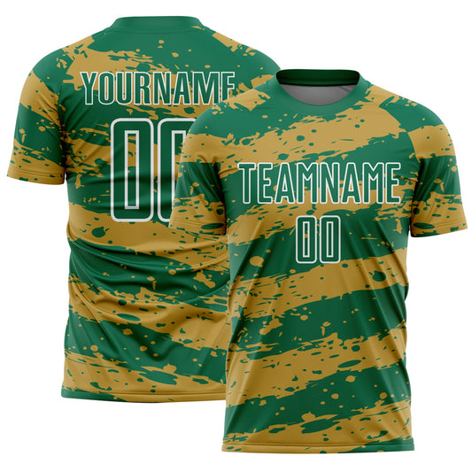 Custom Kelly Green Old Gold-White Splash Sublimation Soccer Uniform Jersey - Sky-Custom
