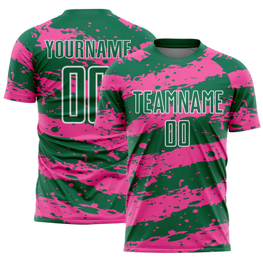 Custom Kelly Green Pink-White Splash Sublimation Soccer Uniform Jersey - Sky-Custom