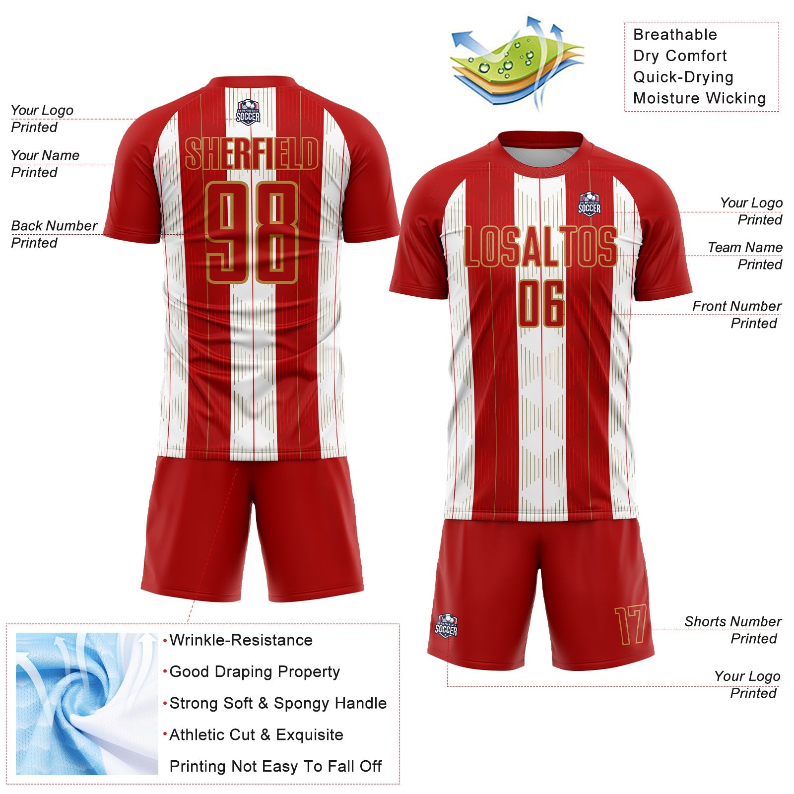 Custom Red Old Gold-White Line Sublimation Soccer Uniform Jersey - Sky-Custom