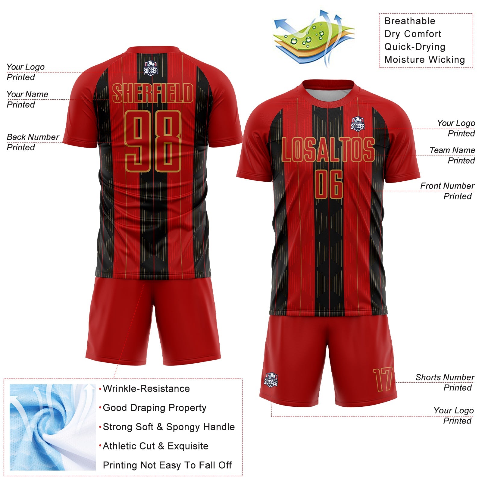 Custom Red Old Gold-Black Line Sublimation Soccer Uniform Jersey - Sky-Custom