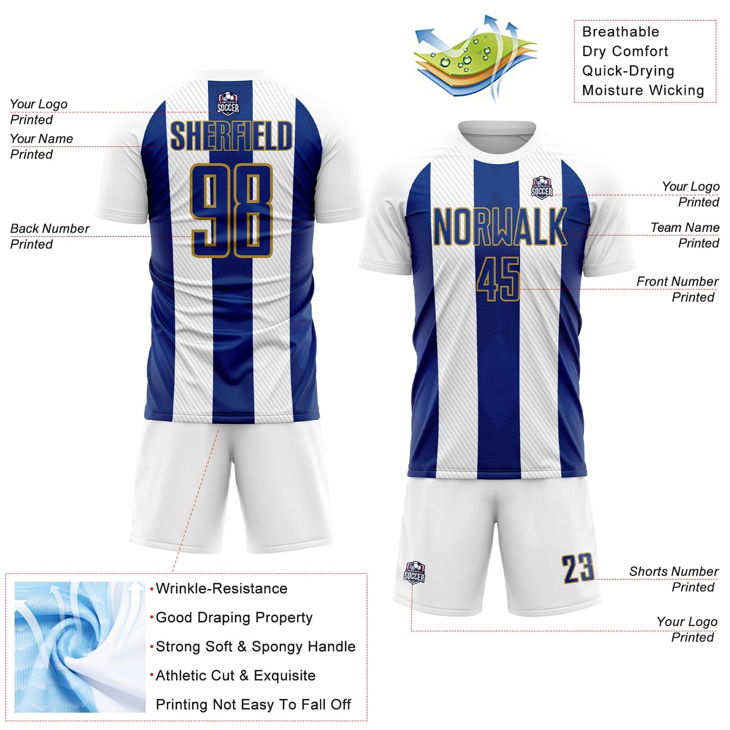 Custom White Royal-Old Gold Line Sublimation Soccer Uniform Jersey - Sky-Custom