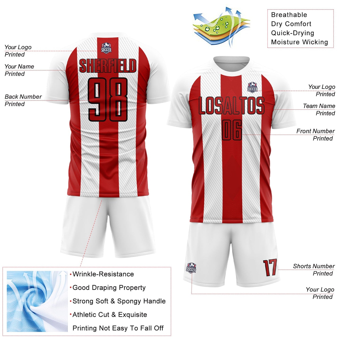 Custom White Red-Black Line Sublimation Soccer Uniform Jersey - Sky-Custom