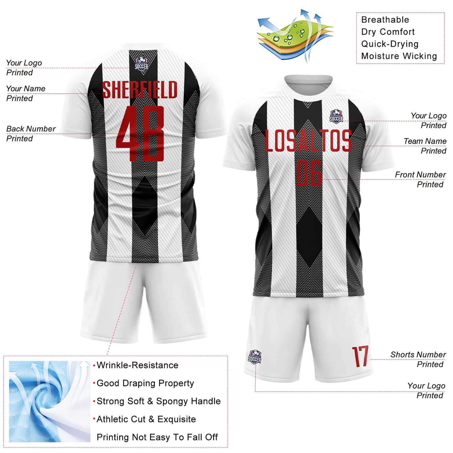 Custom White Red-Black Line Sublimation Soccer Uniform Jersey - Sky-Custom