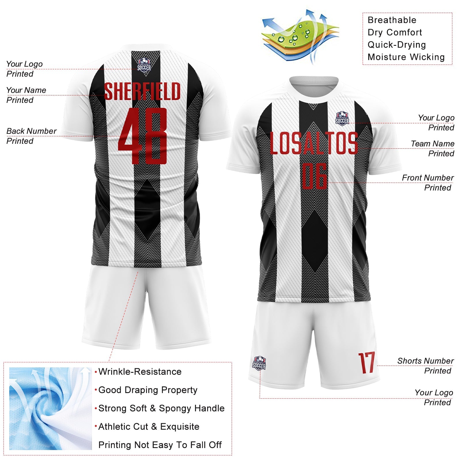 Custom White Red-Black Line Sublimation Soccer Uniform Jersey - Sky-Custom