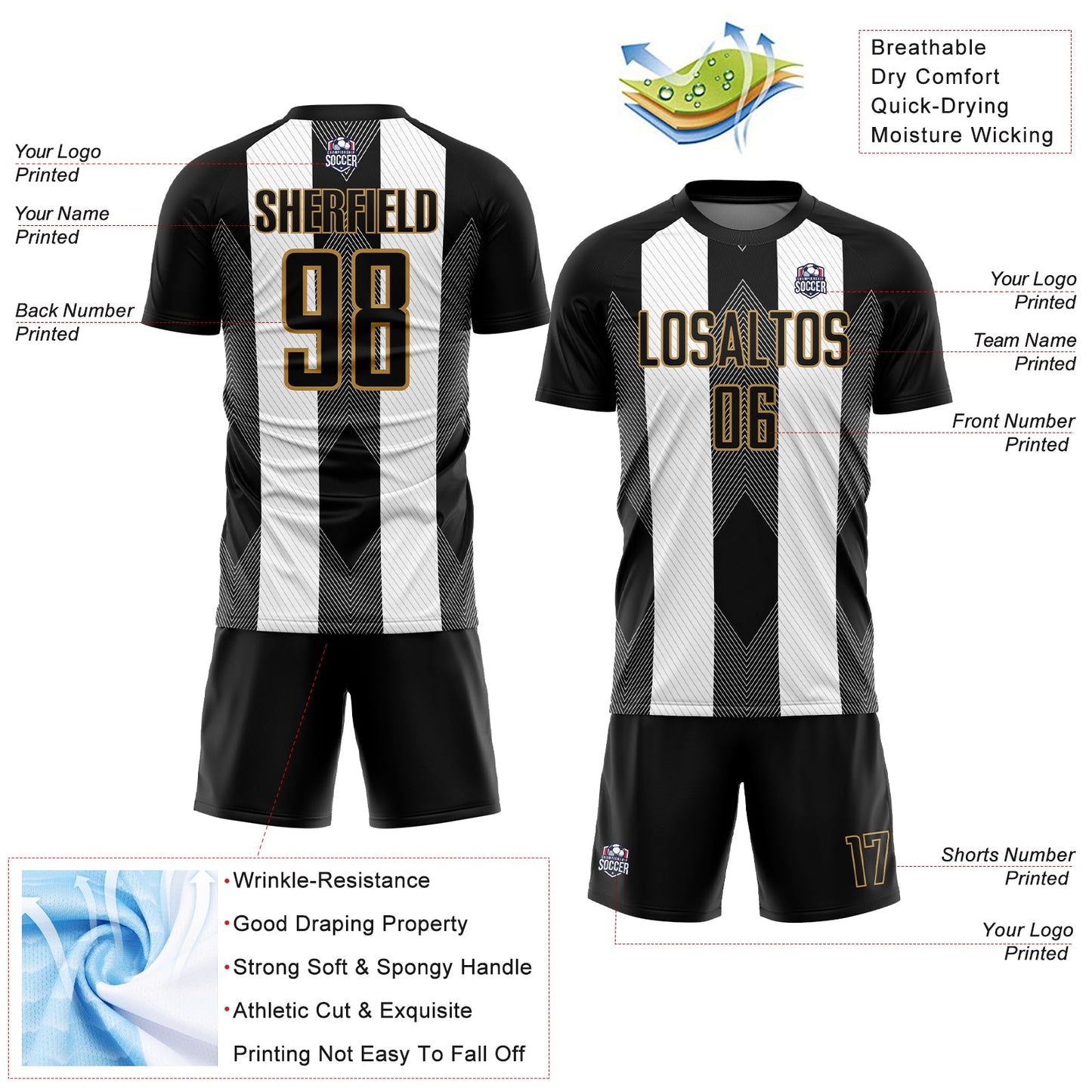 Custom Black Old Gold-White Line Sublimation Soccer Uniform Jersey - Sky-Custom