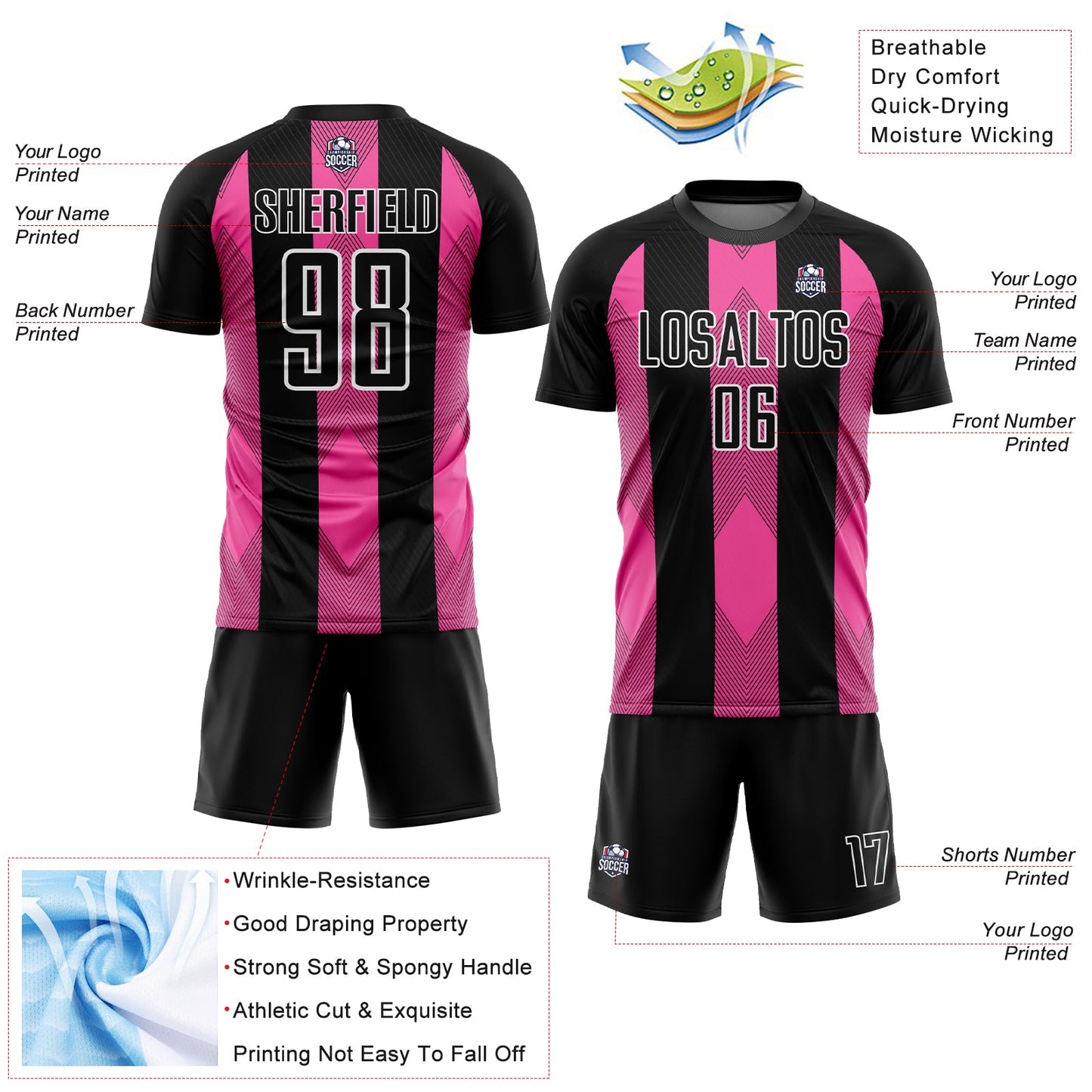 Custom Black Pink-White Line Sublimation Soccer Uniform Jersey - Sky-Custom