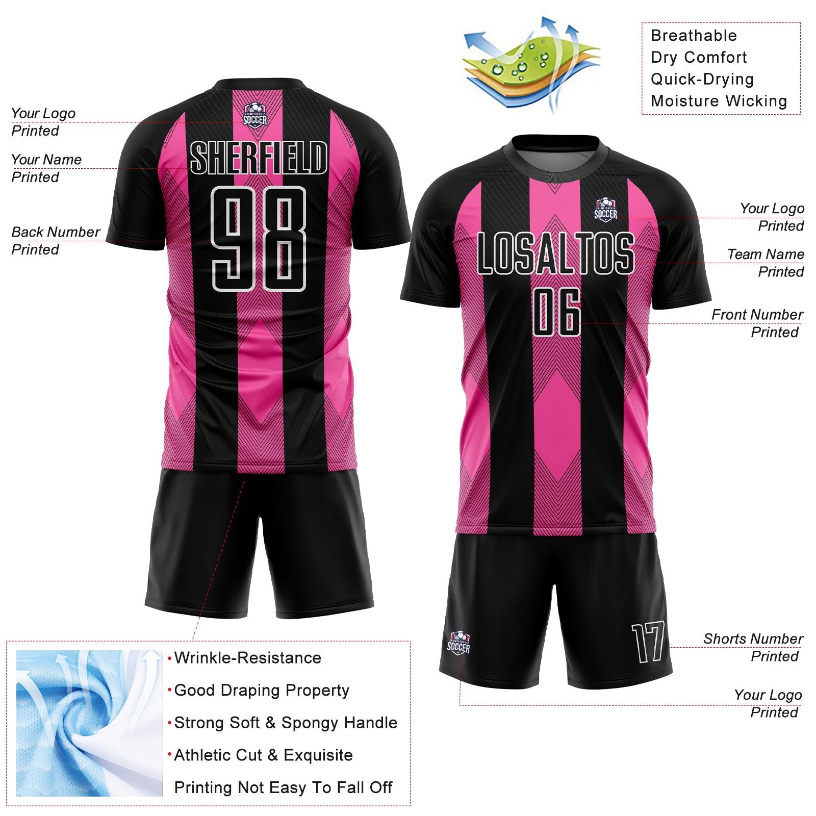 Custom Black Pink-White Line Sublimation Soccer Uniform Jersey - Sky-Custom