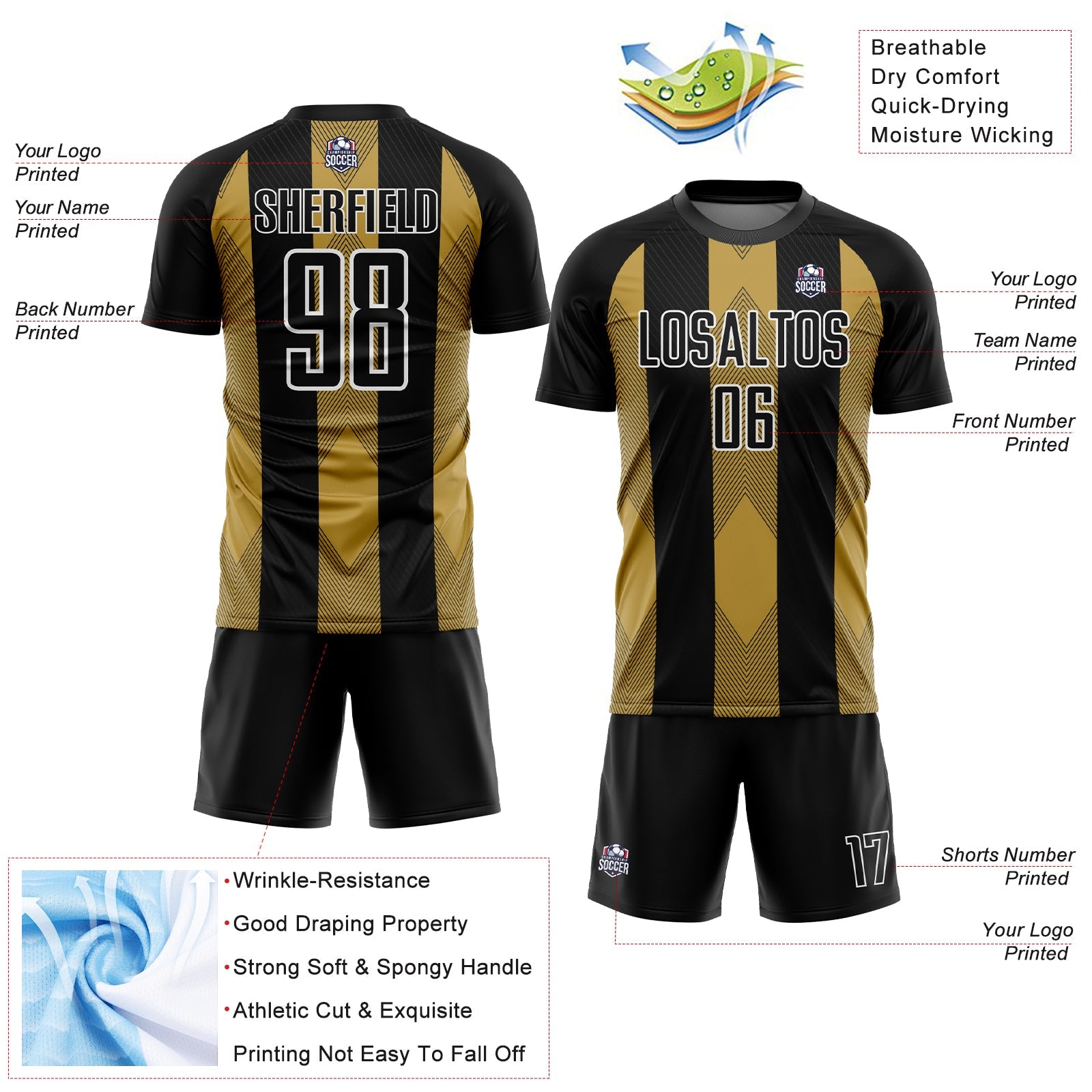 Custom Black Old Gold-White Line Sublimation Soccer Uniform Jersey - Sky-Custom