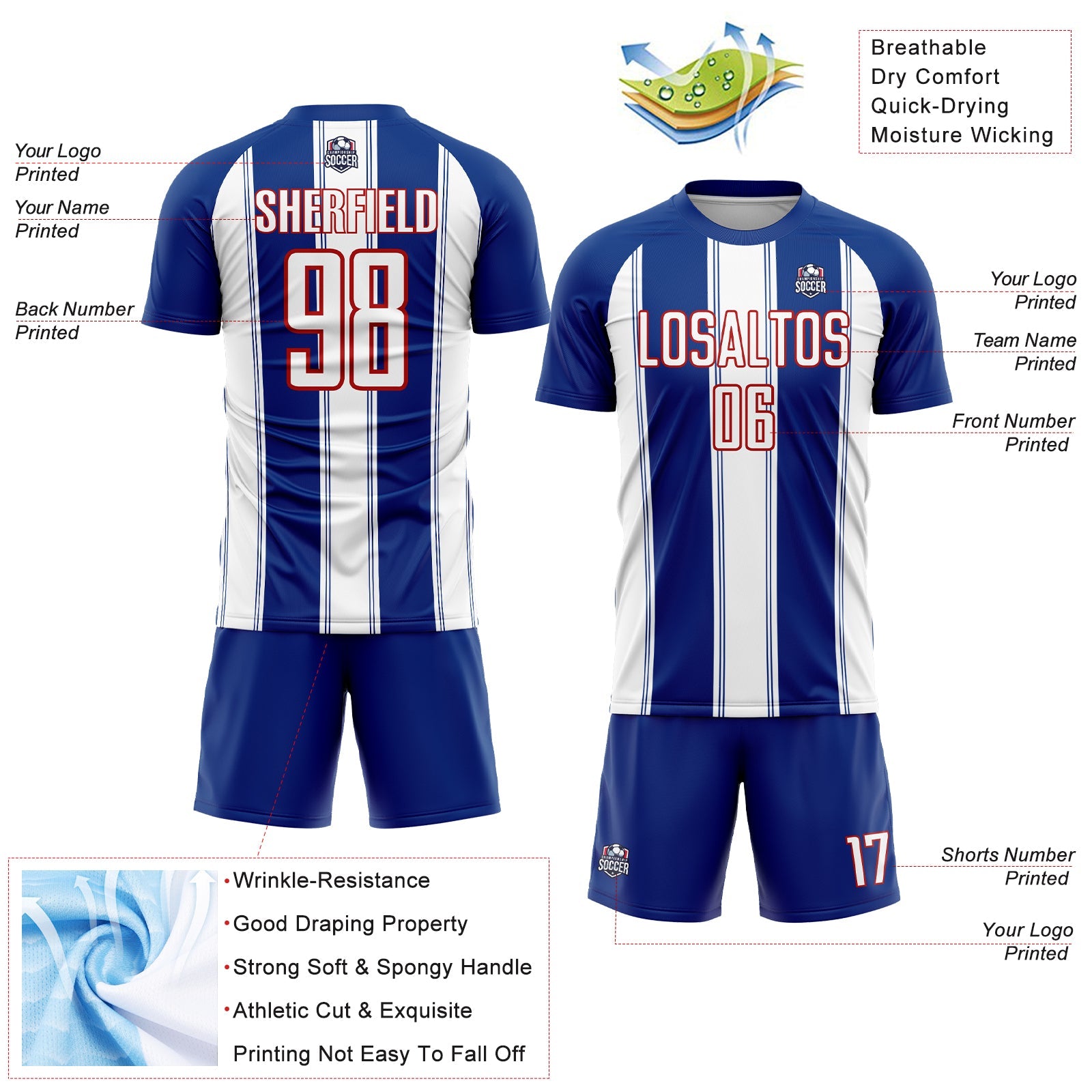 Custom Royal White-Red Line Sublimation Soccer Uniform Jersey - Sky-Custom