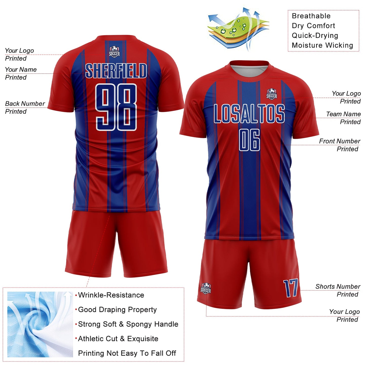 Custom Red Royal-White Line Sublimation Soccer Uniform Jersey - Sky-Custom