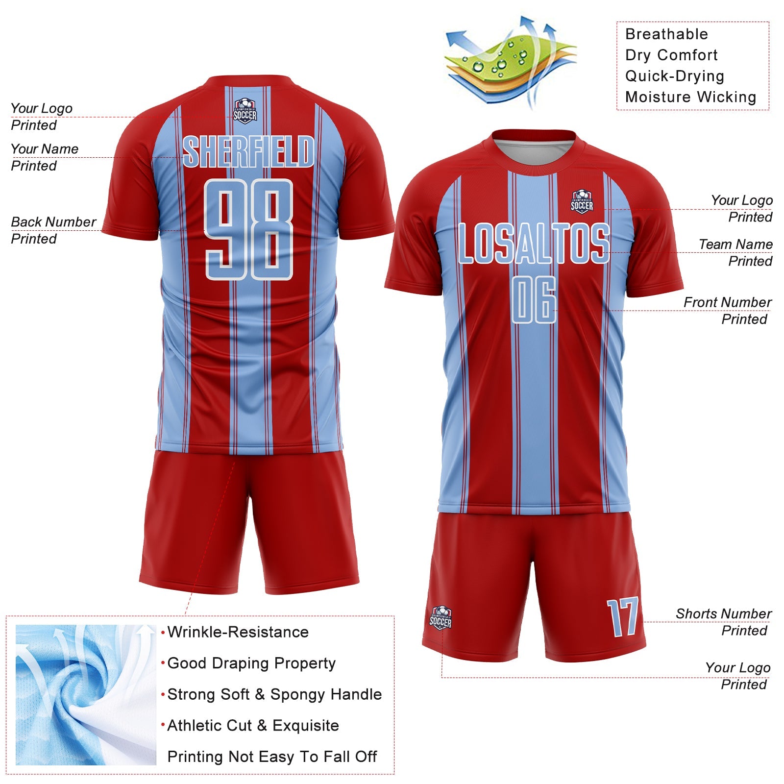 Custom Red Light Blue-White Line Sublimation Soccer Uniform Jersey - Sky-Custom