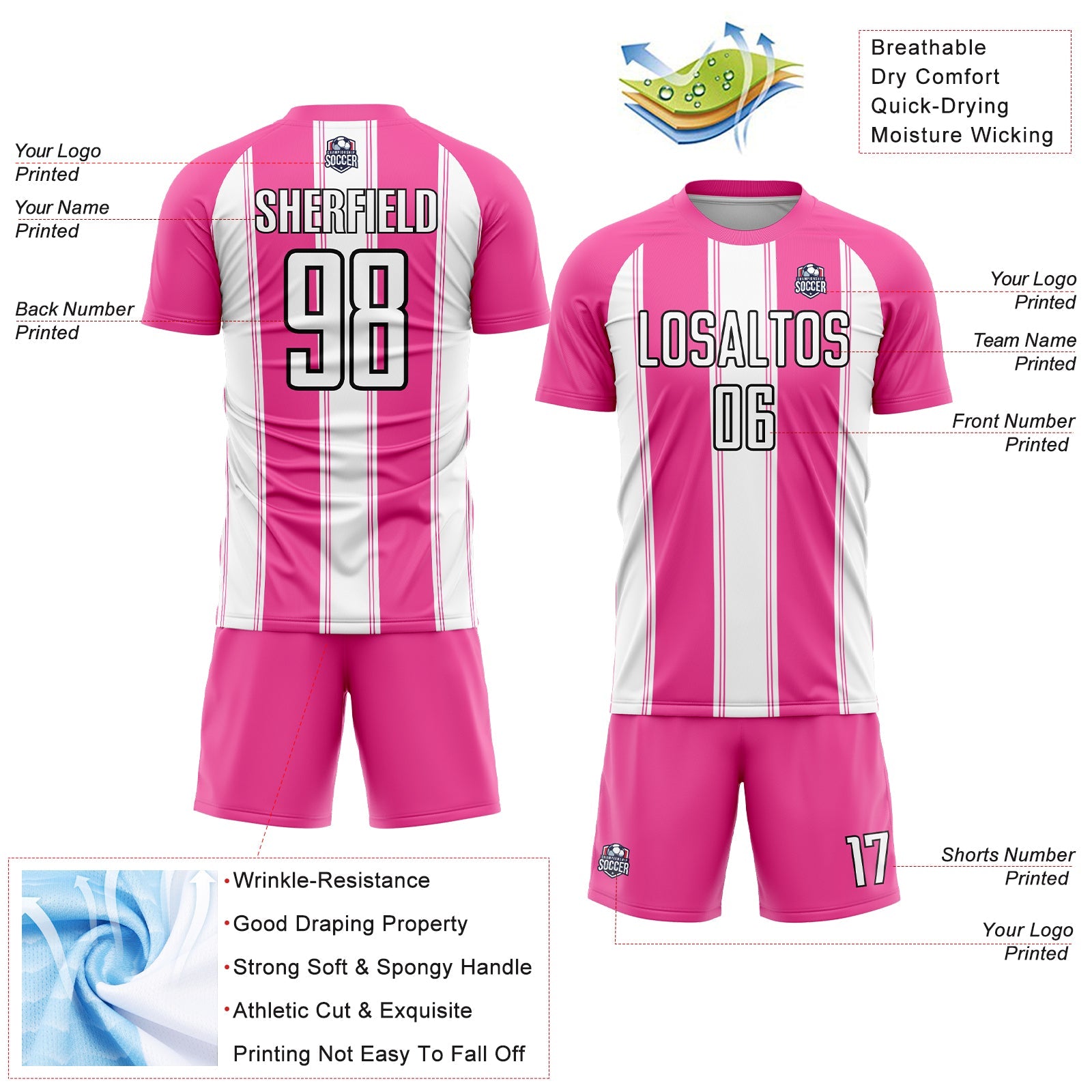 Custom Pink White-Black Line Sublimation Soccer Uniform Jersey - Sky-Custom