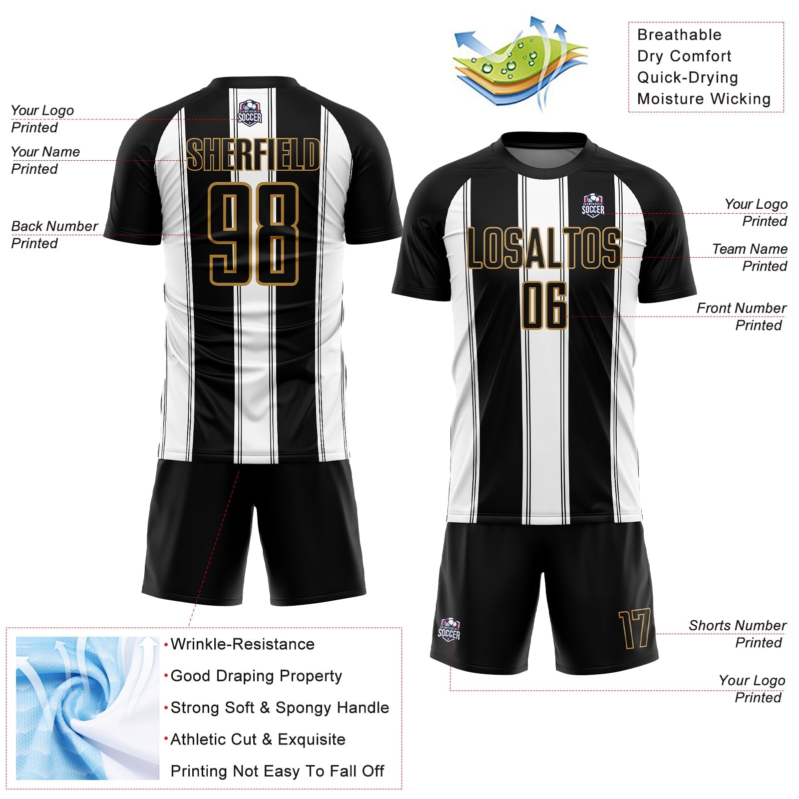 Custom Black White-Old Gold Line Sublimation Soccer Uniform Jersey - Sky-Custom