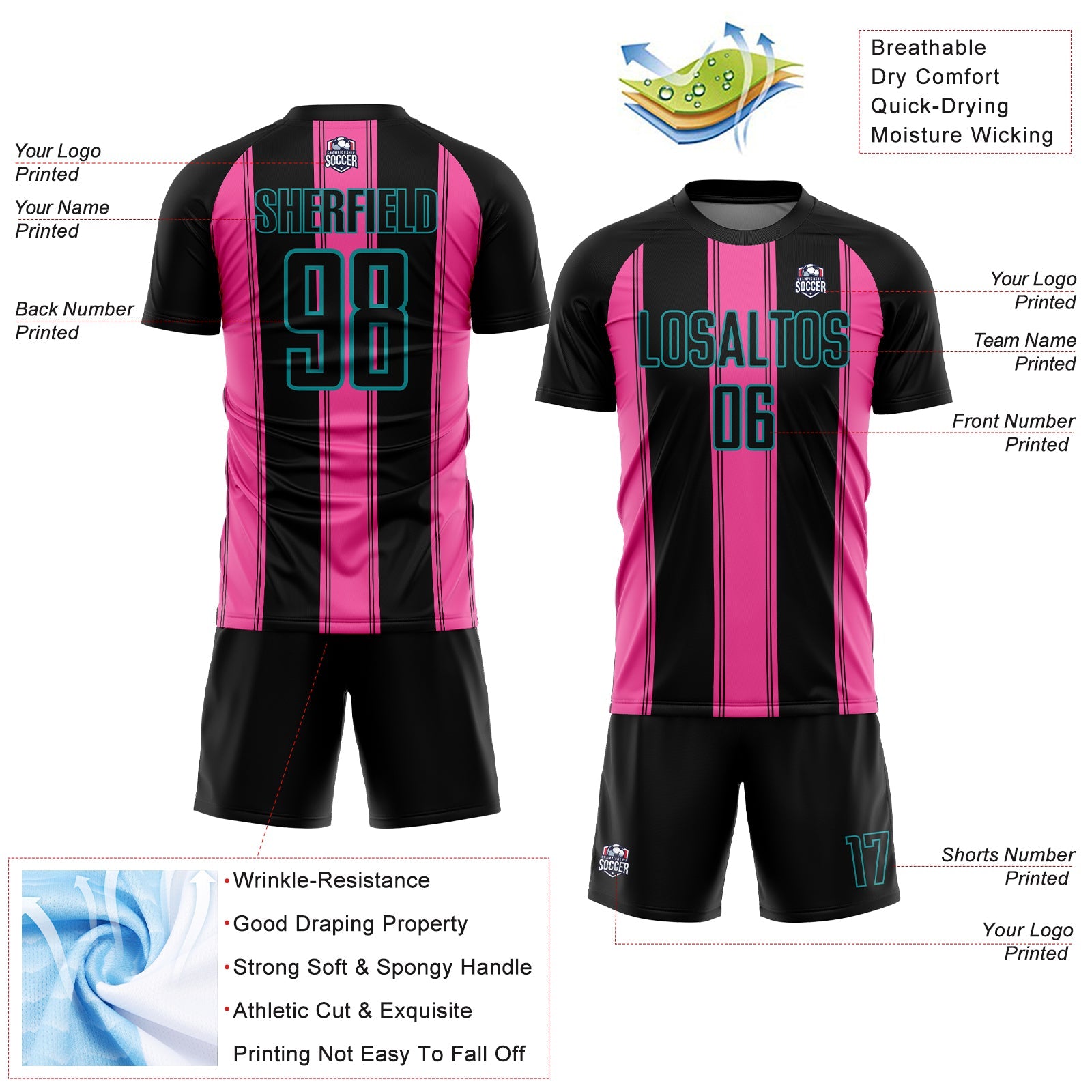 Custom Black Pink-Teal Line Sublimation Soccer Uniform Jersey - Sky-Custom