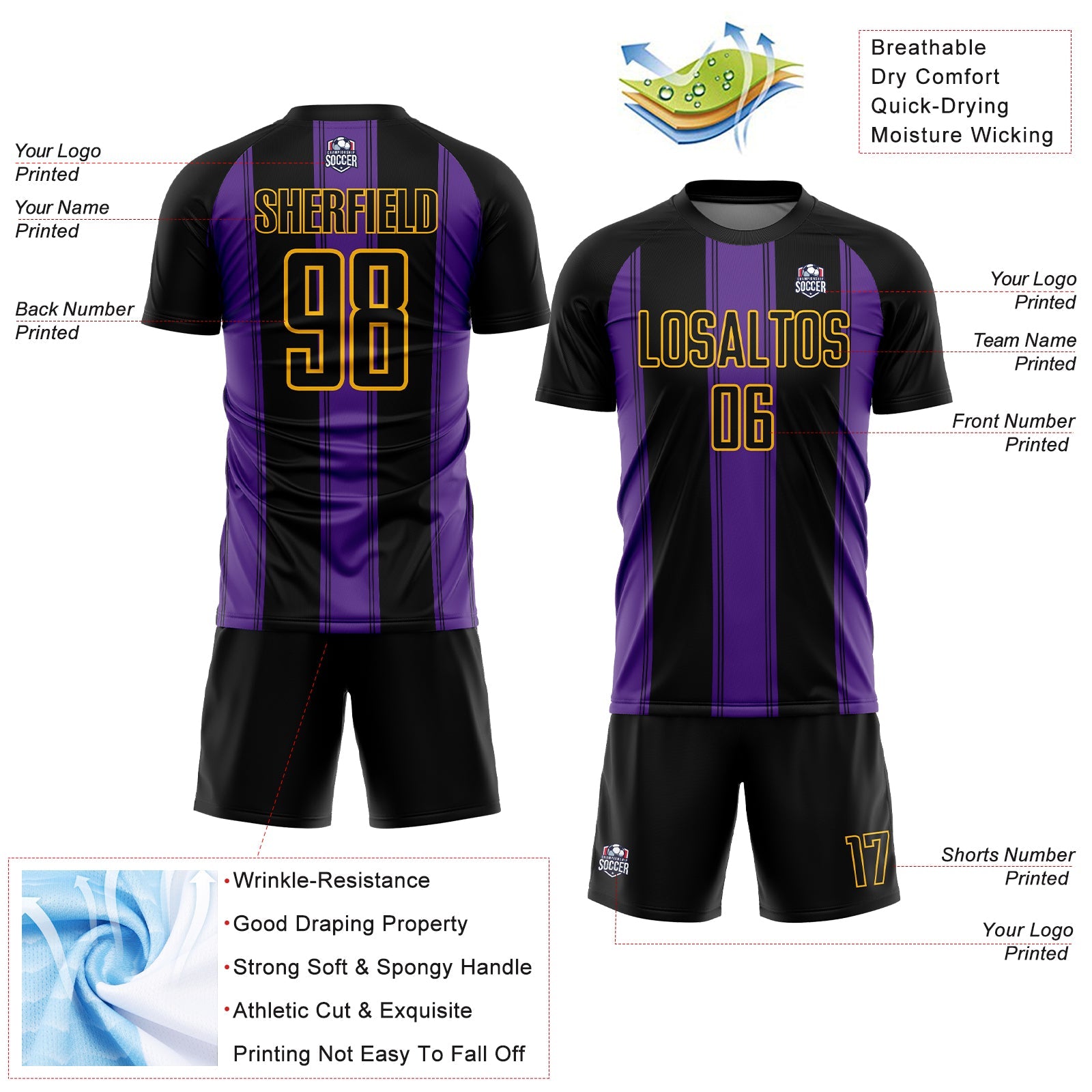 Custom Black Purple-Gold Line Sublimation Soccer Uniform Jersey - Sky-Custom