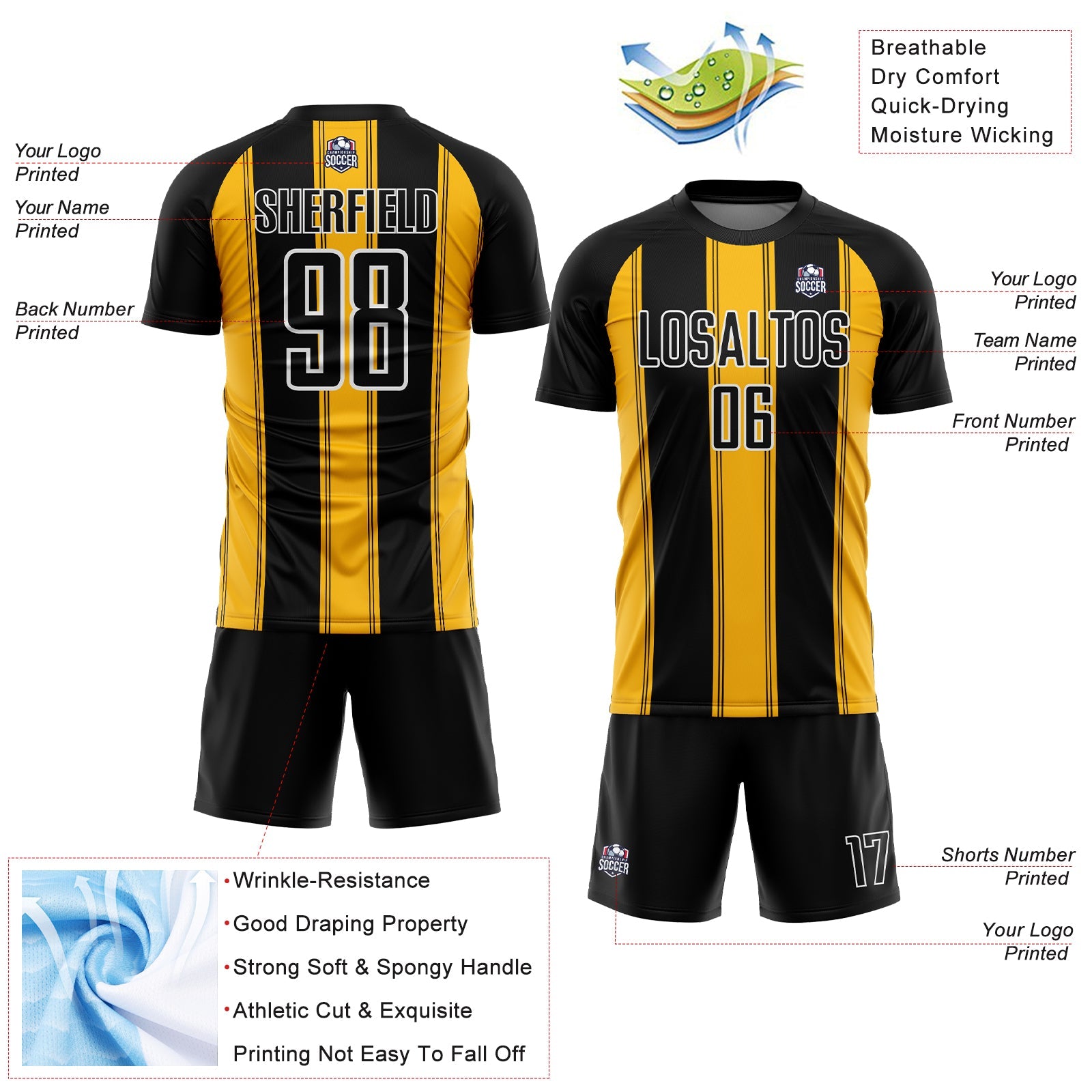 Custom Black Gold-White Line Sublimation Soccer Uniform Jersey - Sky-Custom