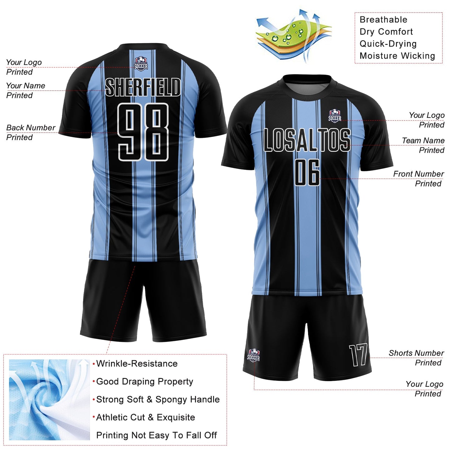 Custom Black Light Blue-White Line Sublimation Soccer Uniform Jersey - Sky-Custom