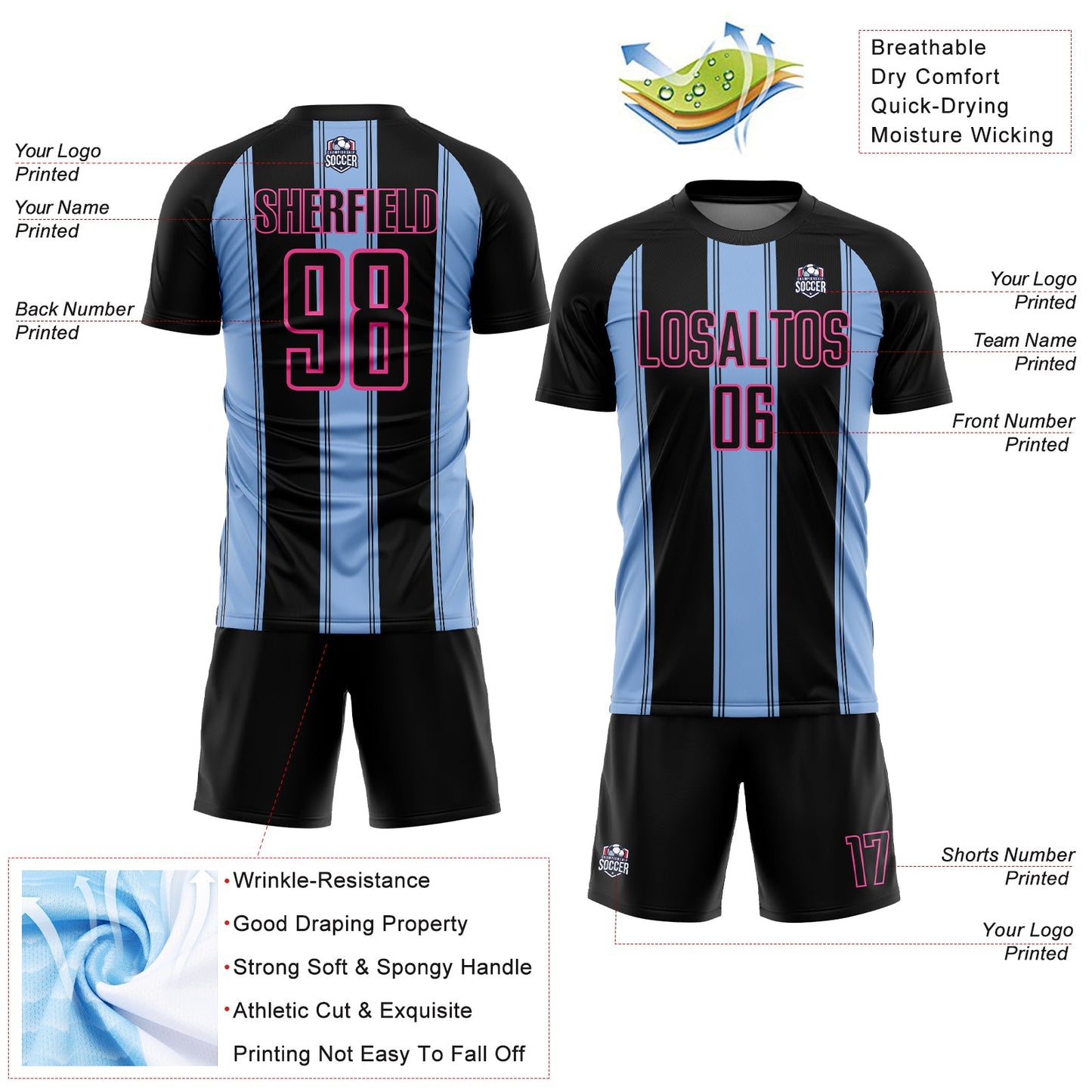Custom Black Light Blue-Pink Line Sublimation Soccer Uniform Jersey - Sky-Custom