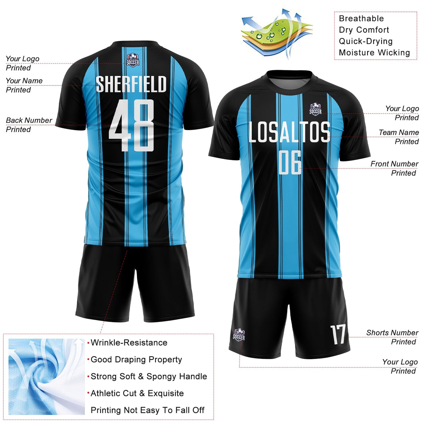 Custom Black White-Sky Blue Line Sublimation Soccer Uniform Jersey - Sky-Custom