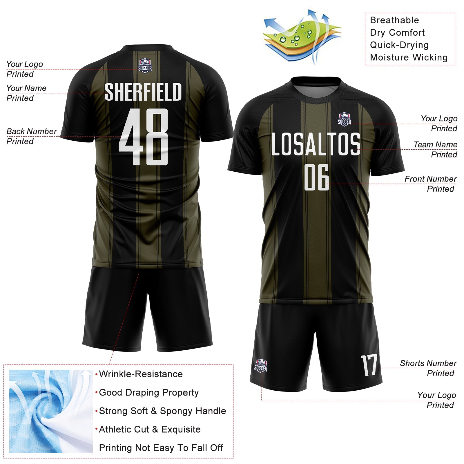 Custom Black White-Olive Line Sublimation Soccer Uniform Jersey - Sky-Custom