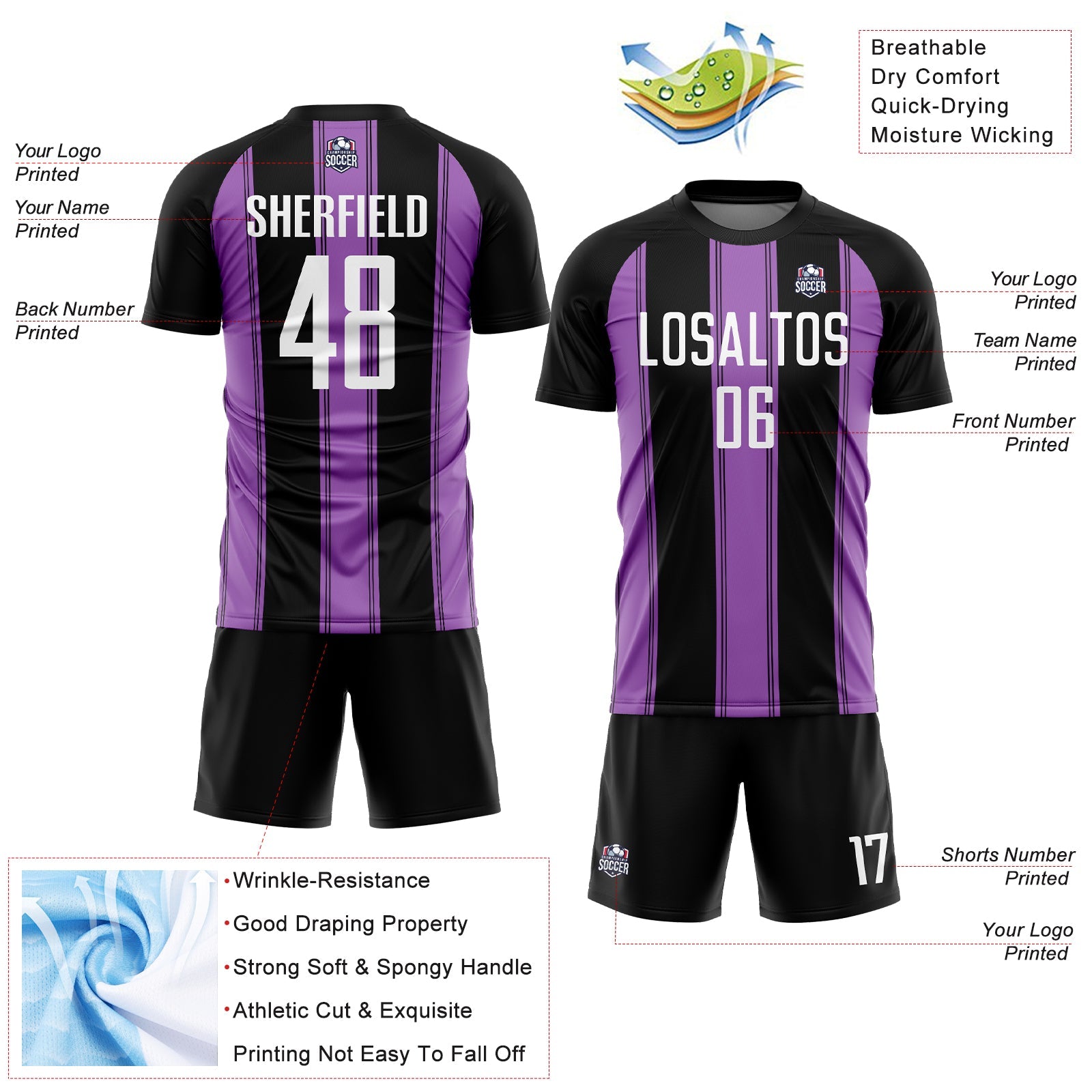 Custom Black White-Medium Purple Line Sublimation Soccer Uniform Jersey - Sky-Custom
