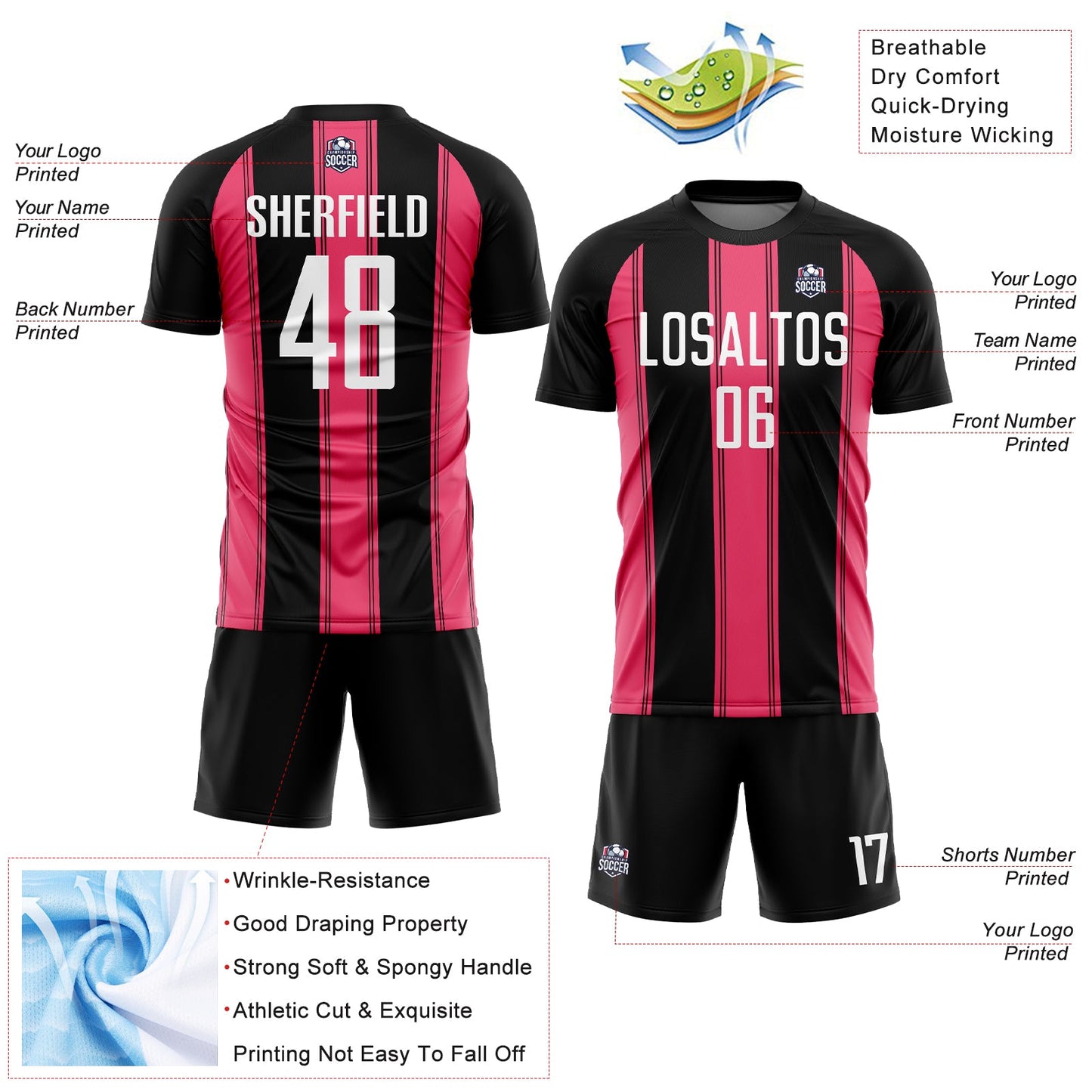 Custom Black White-Neon Pink Line Sublimation Soccer Uniform Jersey - Sky-Custom
