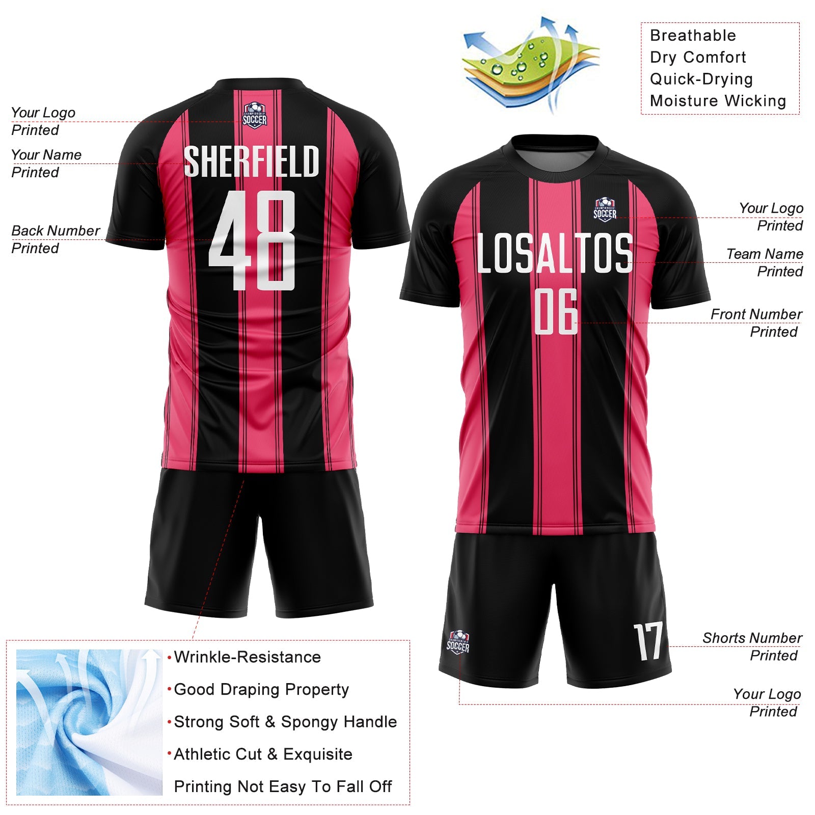 Custom Black White-Neon Pink Line Sublimation Soccer Uniform Jersey - Sky-Custom