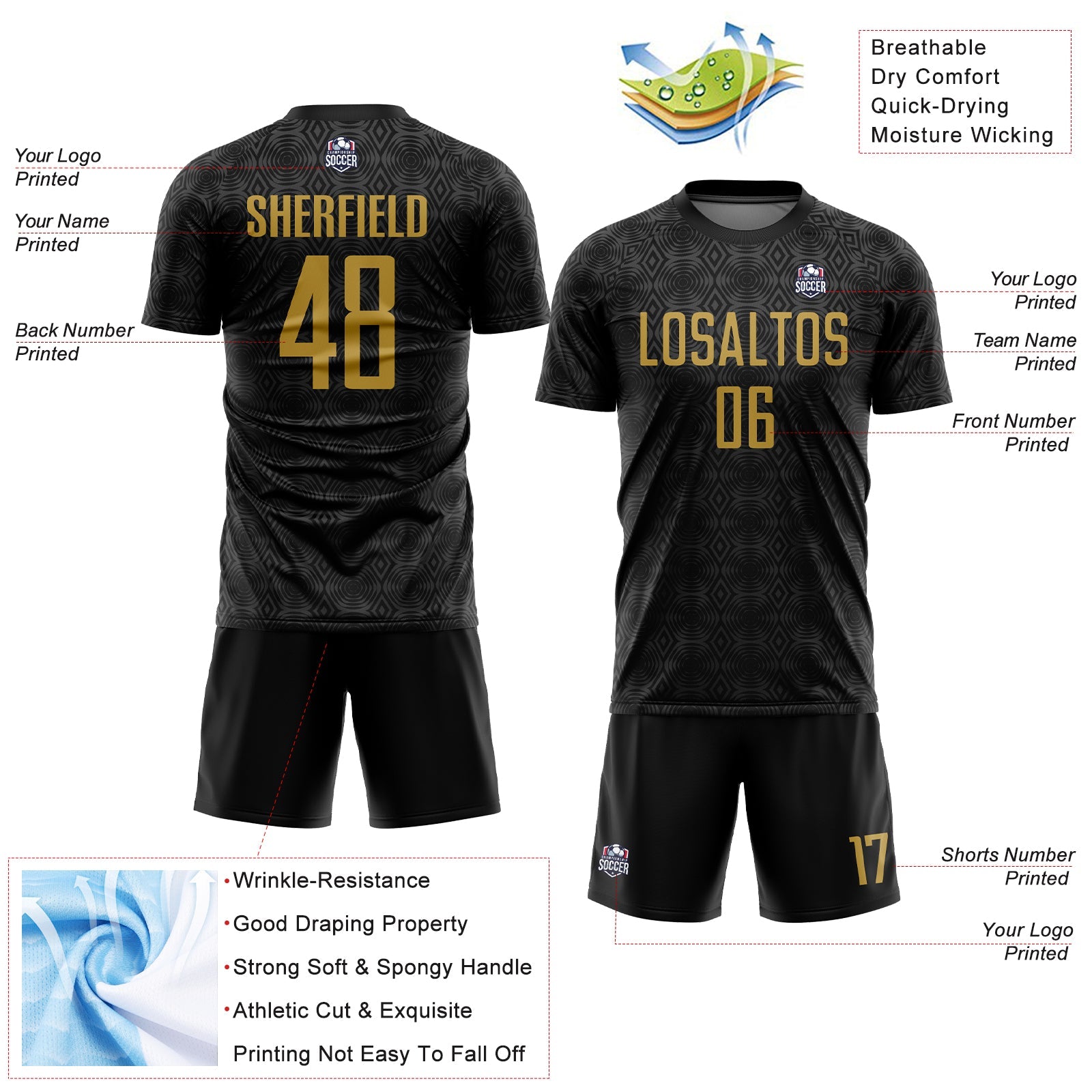 Custom Black Old Gold Geometric Shapes Sublimation Soccer Uniform Jersey - Sky-Custom