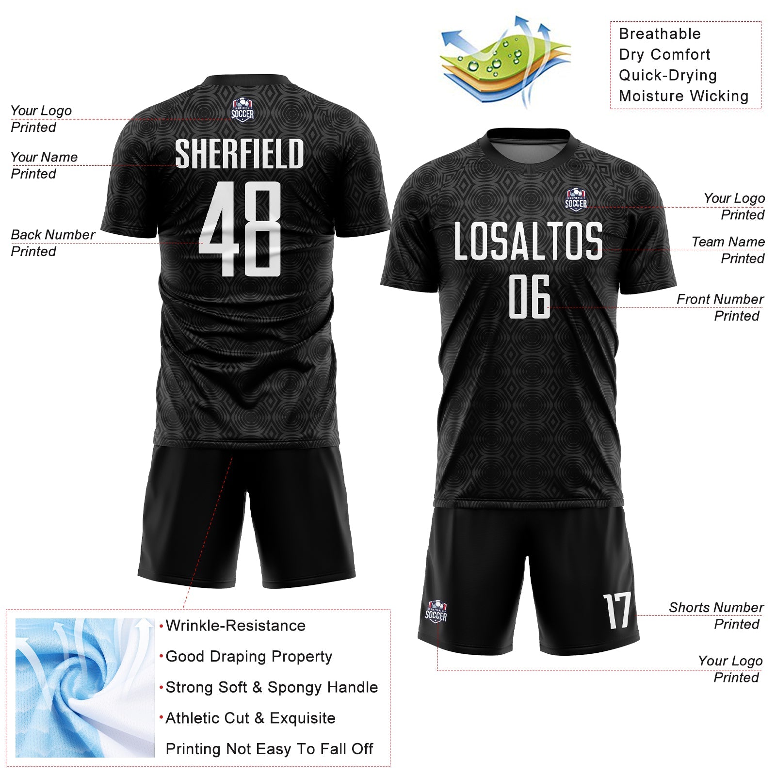 Custom Black White Geometric Shapes Sublimation Soccer Uniform Jersey - Sky-Custom