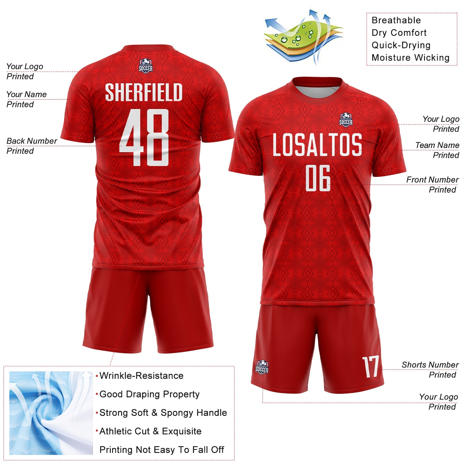 Custom Red White Geometric Shapes Sublimation Soccer Uniform Jersey - Sky-Custom