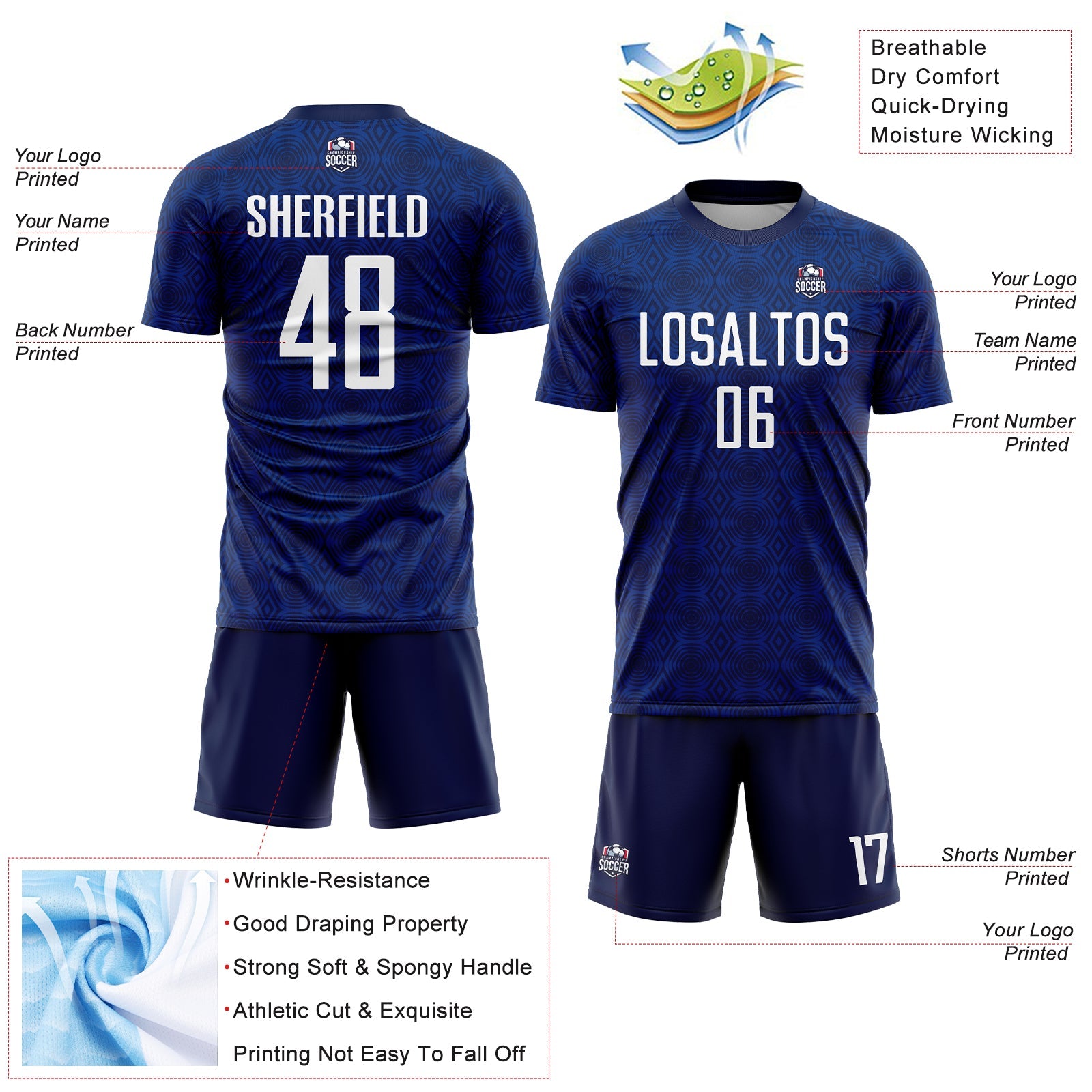Custom Navy White-Royal Geometric Shapes Sublimation Soccer Uniform Jersey - Sky-Custom