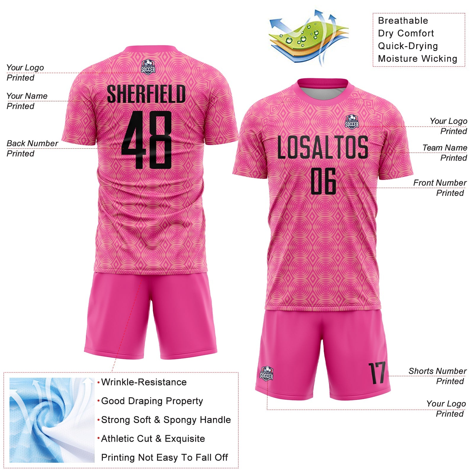 Custom Pink Black-Medium Pink Geometric Shapes Sublimation Soccer Uniform Jersey - Sky-Custom