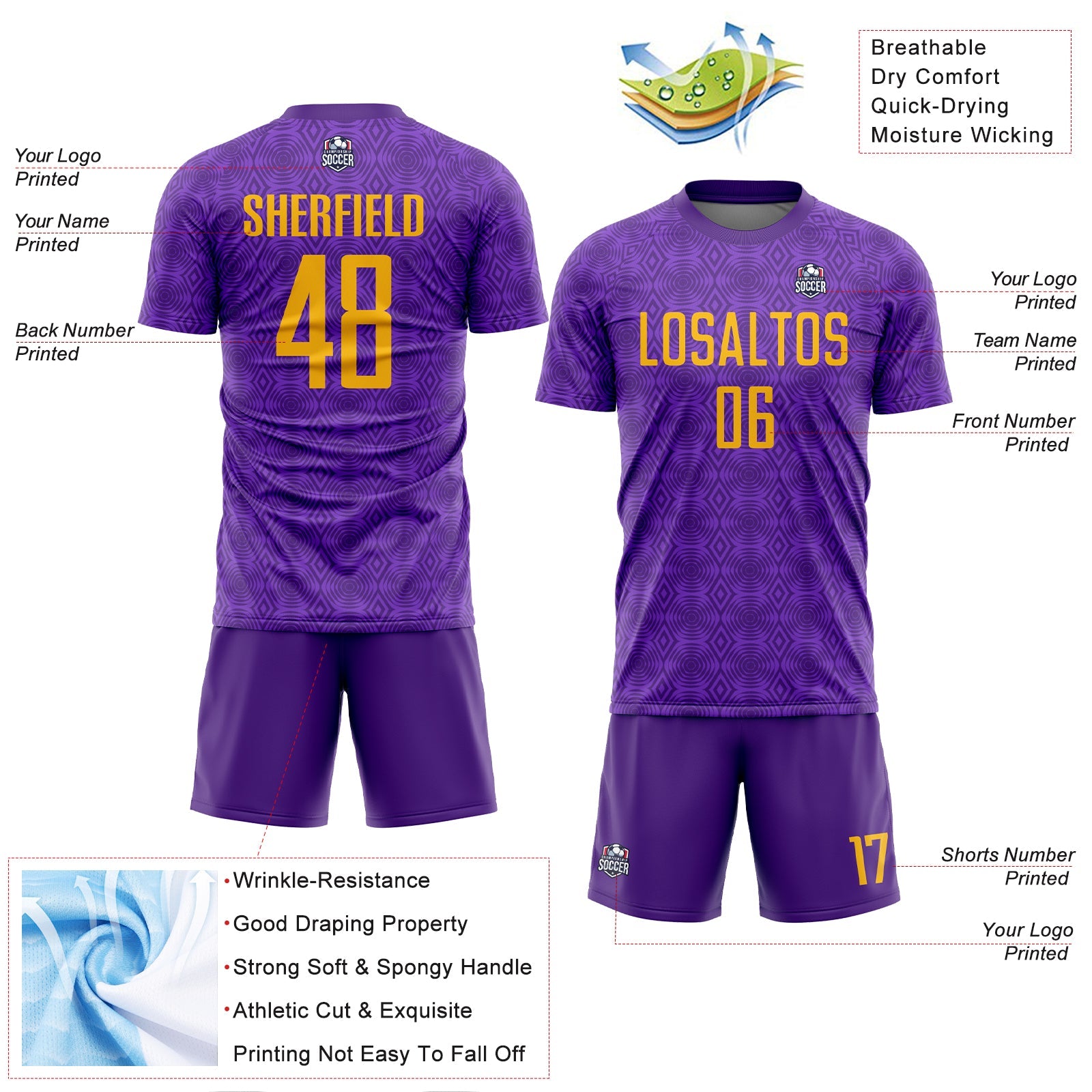 Custom Purple Gold Geometric Shapes Sublimation Soccer Uniform Jersey - Sky-Custom