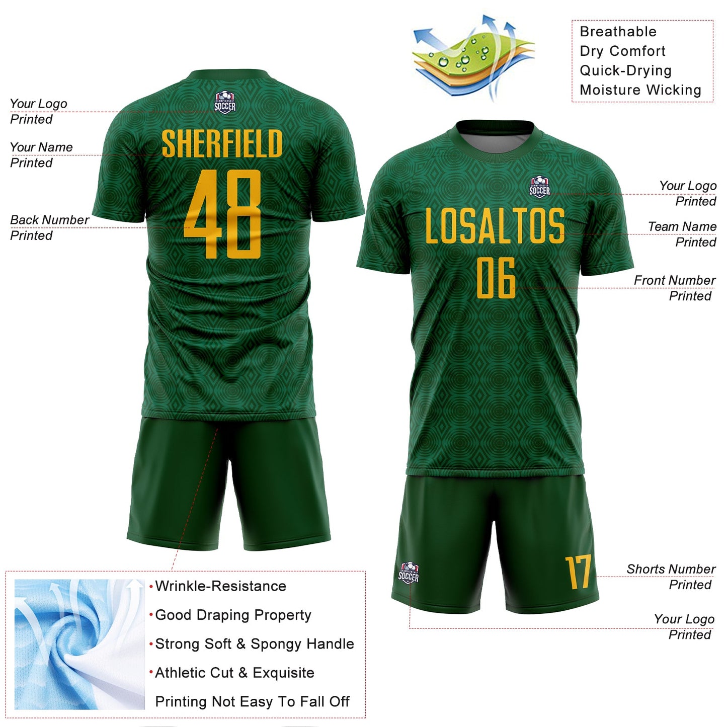 Custom Green Gold-Kelly Green Geometric Shapes Sublimation Soccer Uniform Jersey - Sky-Custom