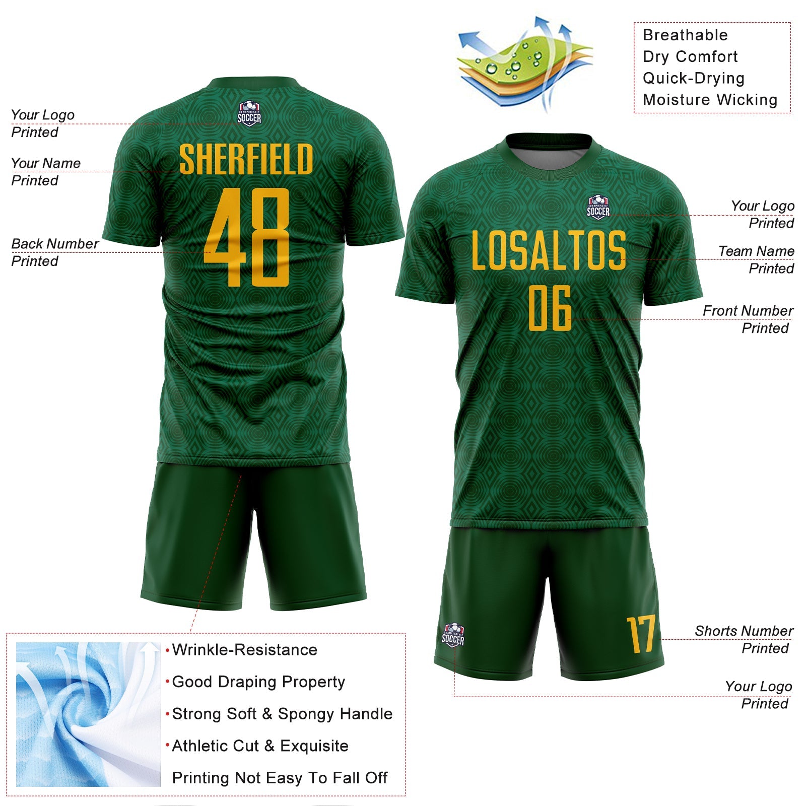Custom Green Gold-Kelly Green Geometric Shapes Sublimation Soccer Uniform Jersey - Sky-Custom