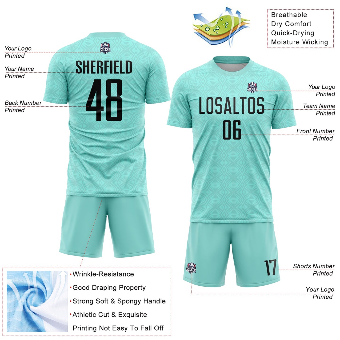 Custom Ice Blue Black Geometric Shapes Sublimation Soccer Uniform Jersey - Sky-Custom
