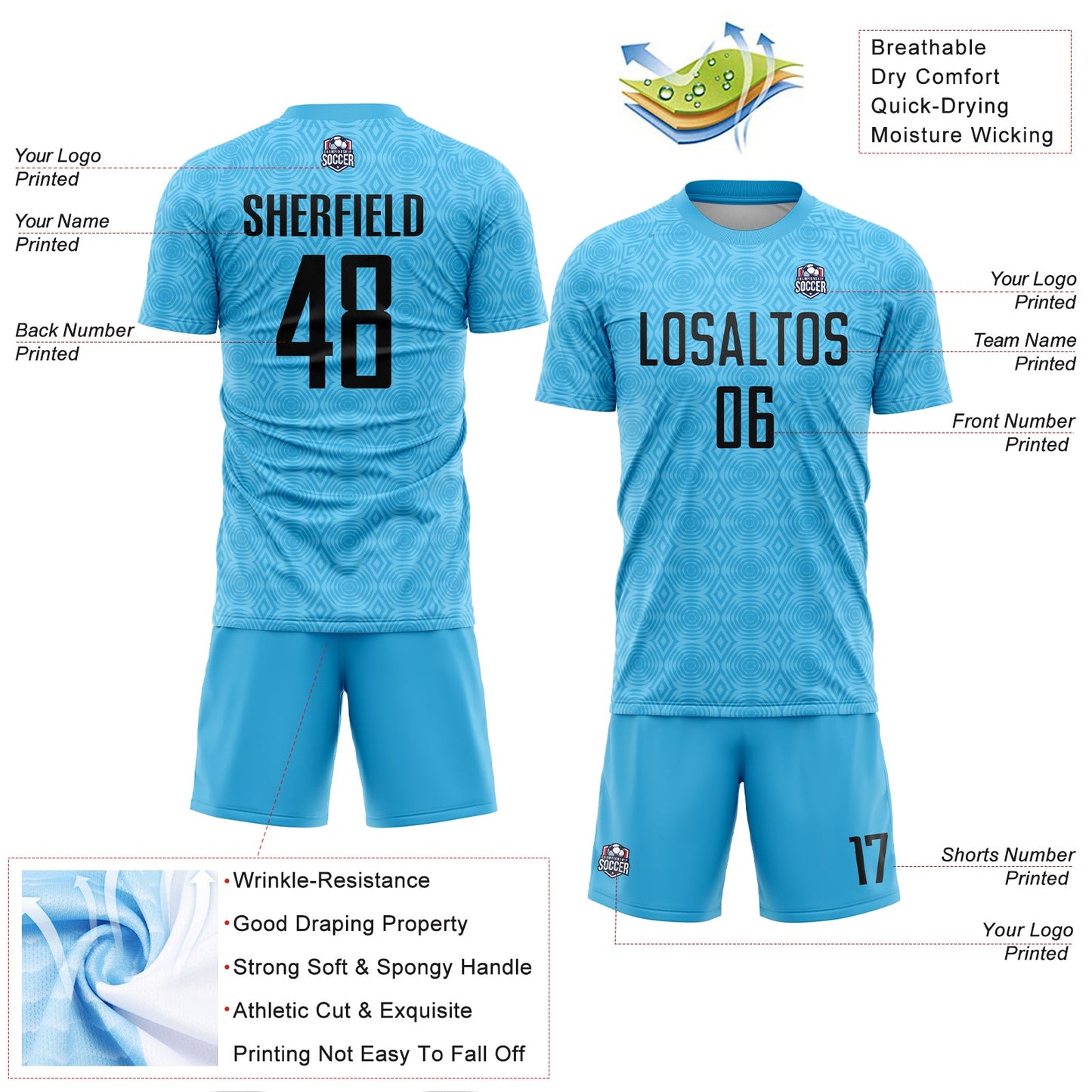 Custom Sky Blue Black Geometric Shapes Sublimation Soccer Uniform Jersey - Sky-Custom