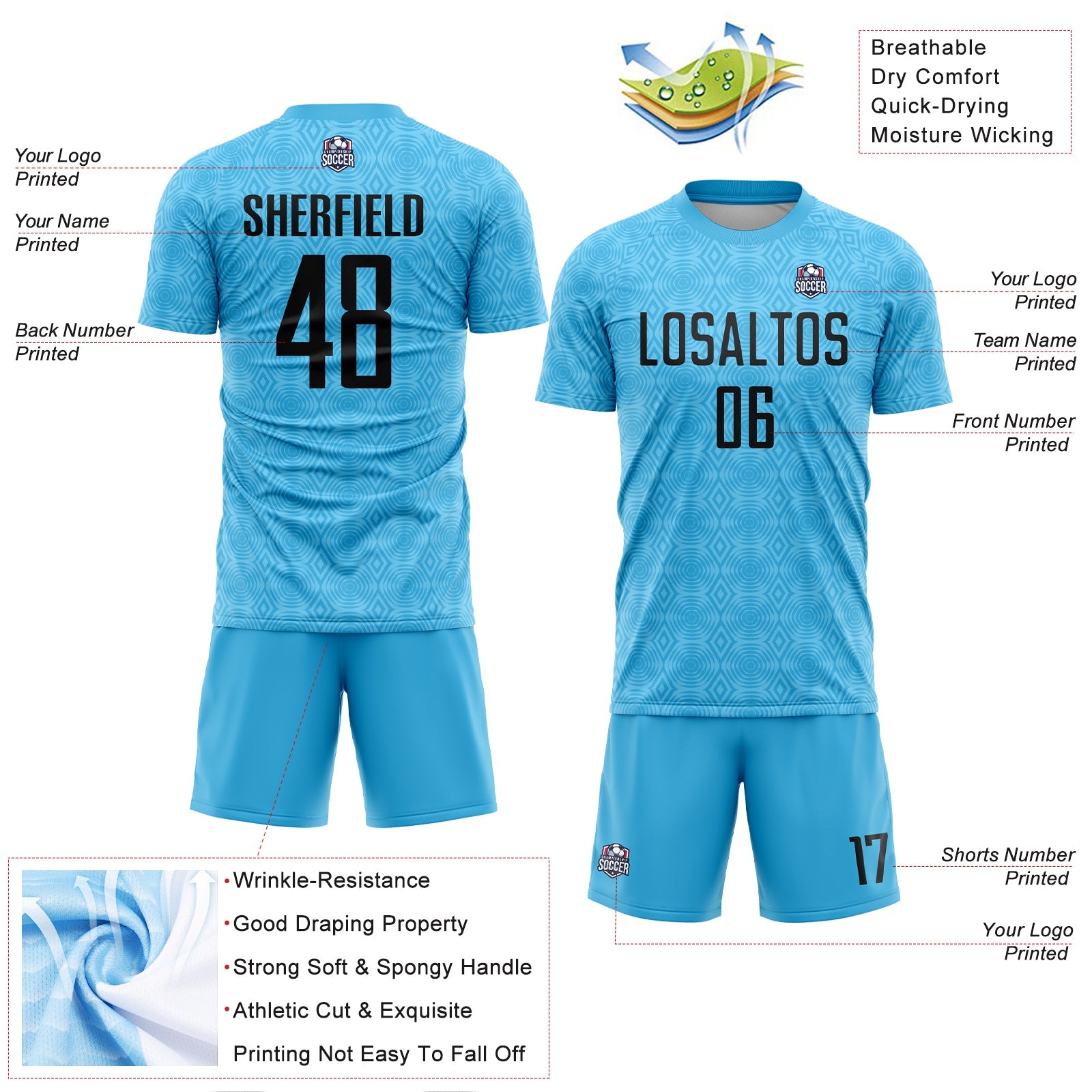Custom Sky Blue Black Geometric Shapes Sublimation Soccer Uniform Jersey - Sky-Custom