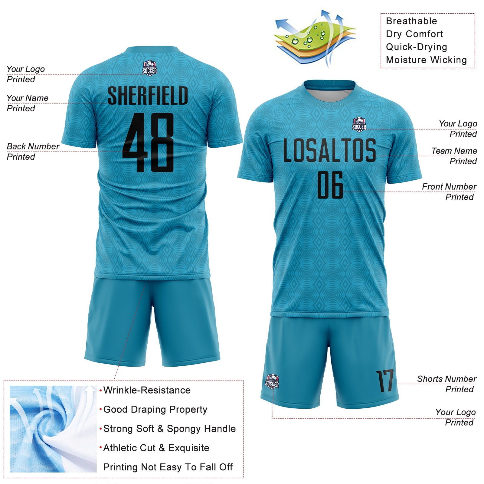 Custom Panther Blue Black Geometric Shapes Sublimation Soccer Uniform Jersey - Sky-Custom