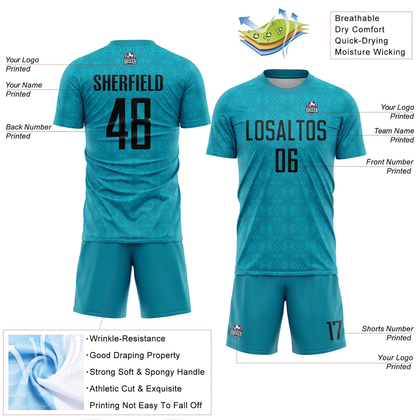 Custom Teal Black Geometric Shapes Sublimation Soccer Uniform Jersey - Sky-Custom