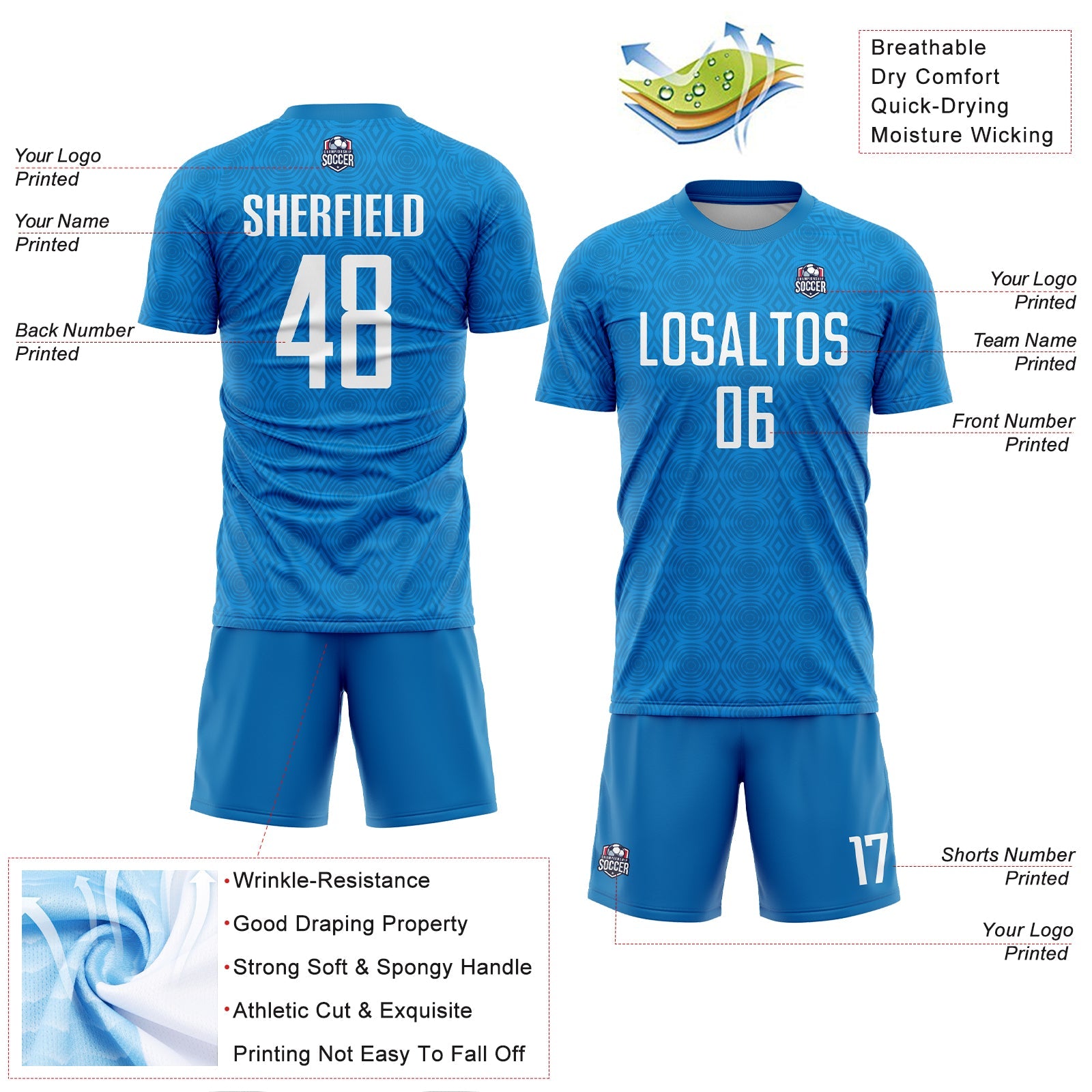 Custom Blue Black Geometric Shapes Sublimation Soccer Uniform Jersey - Sky-Custom
