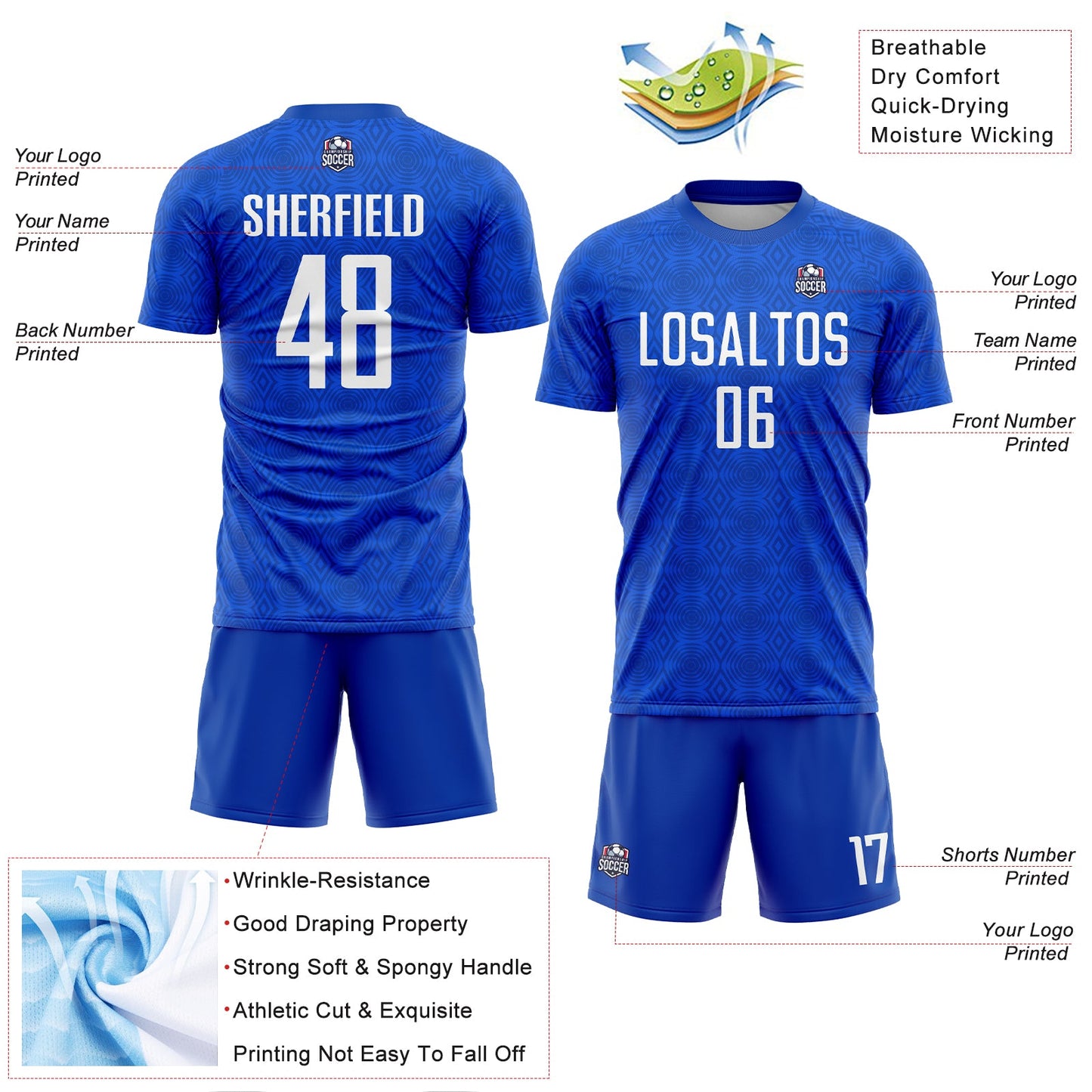 Custom Thunder Blue Black Geometric Shapes Sublimation Soccer Uniform Jersey - Sky-Custom