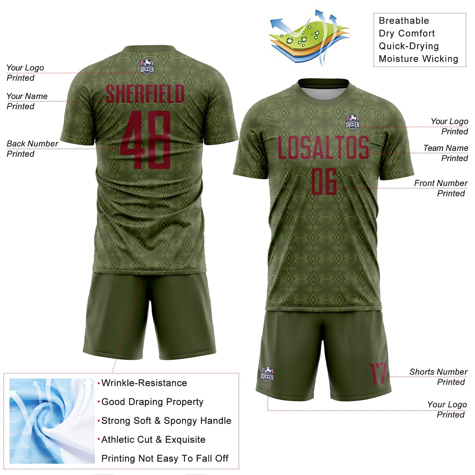 Custom Olive Crimson Geometric Shapes Sublimation Salute To Service Soccer Uniform Jersey - Sky-Custom