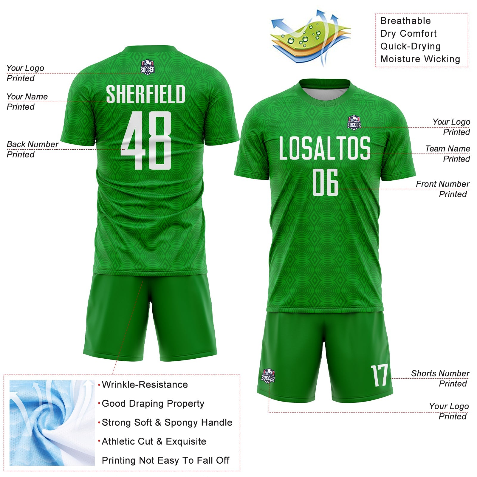 Custom Grass Green White Geometric Shapes Sublimation Soccer Uniform Jersey - Sky-Custom