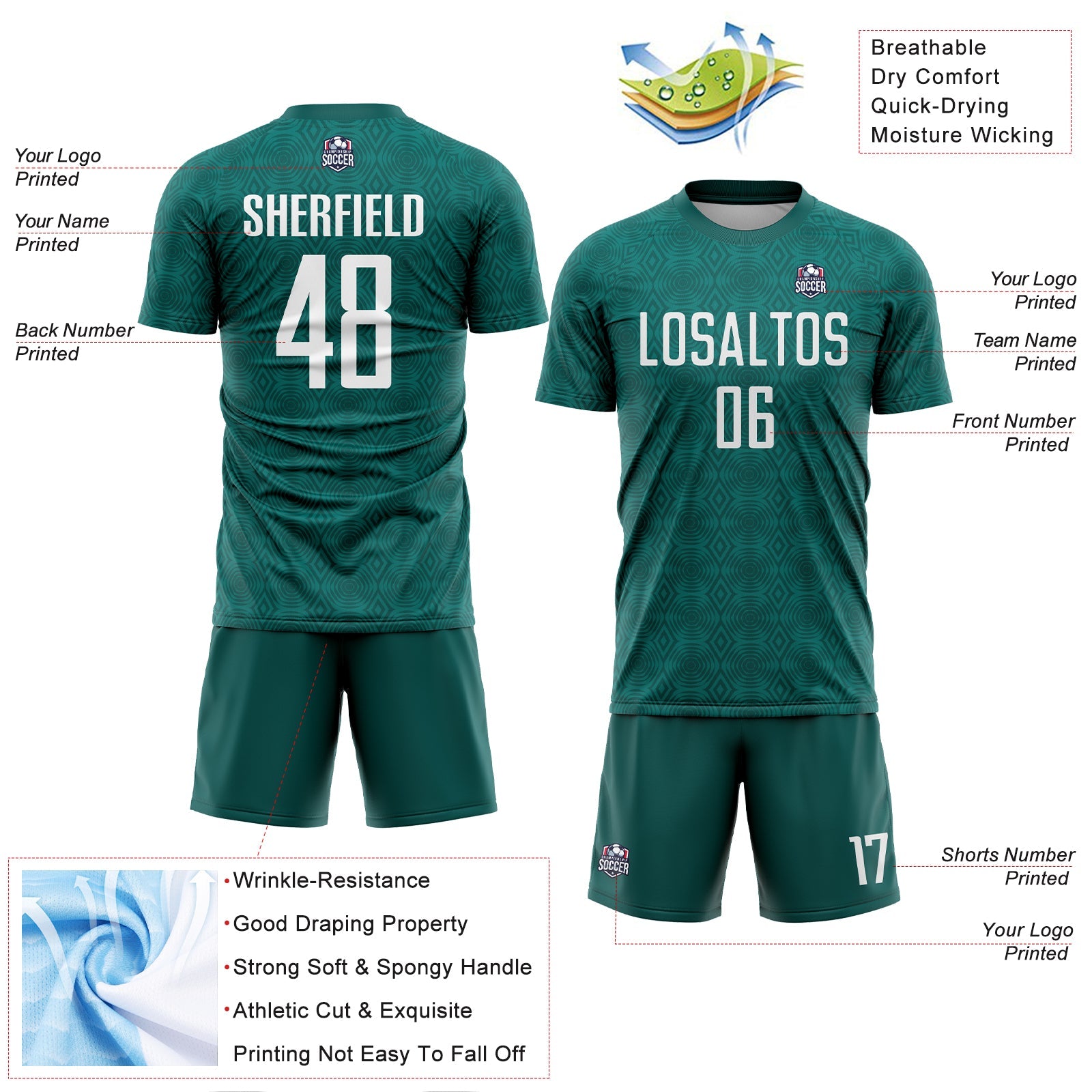 Custom Midnight Green White Geometric Shapes Sublimation Soccer Uniform Jersey - Sky-Custom