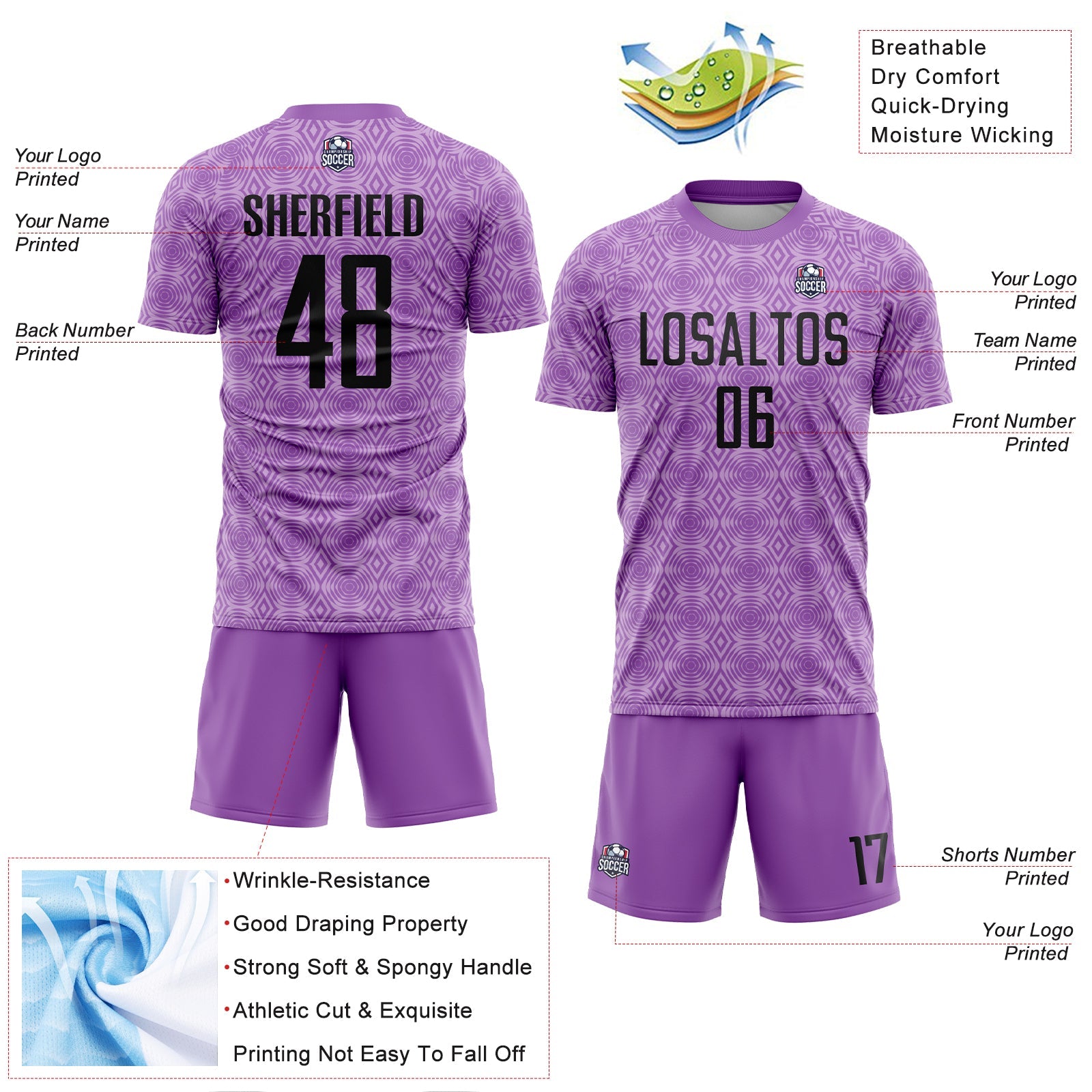 Custom Medium Purple Black-Light Purple Geometric Shapes Sublimation Soccer Uniform Jersey - Sky-Custom