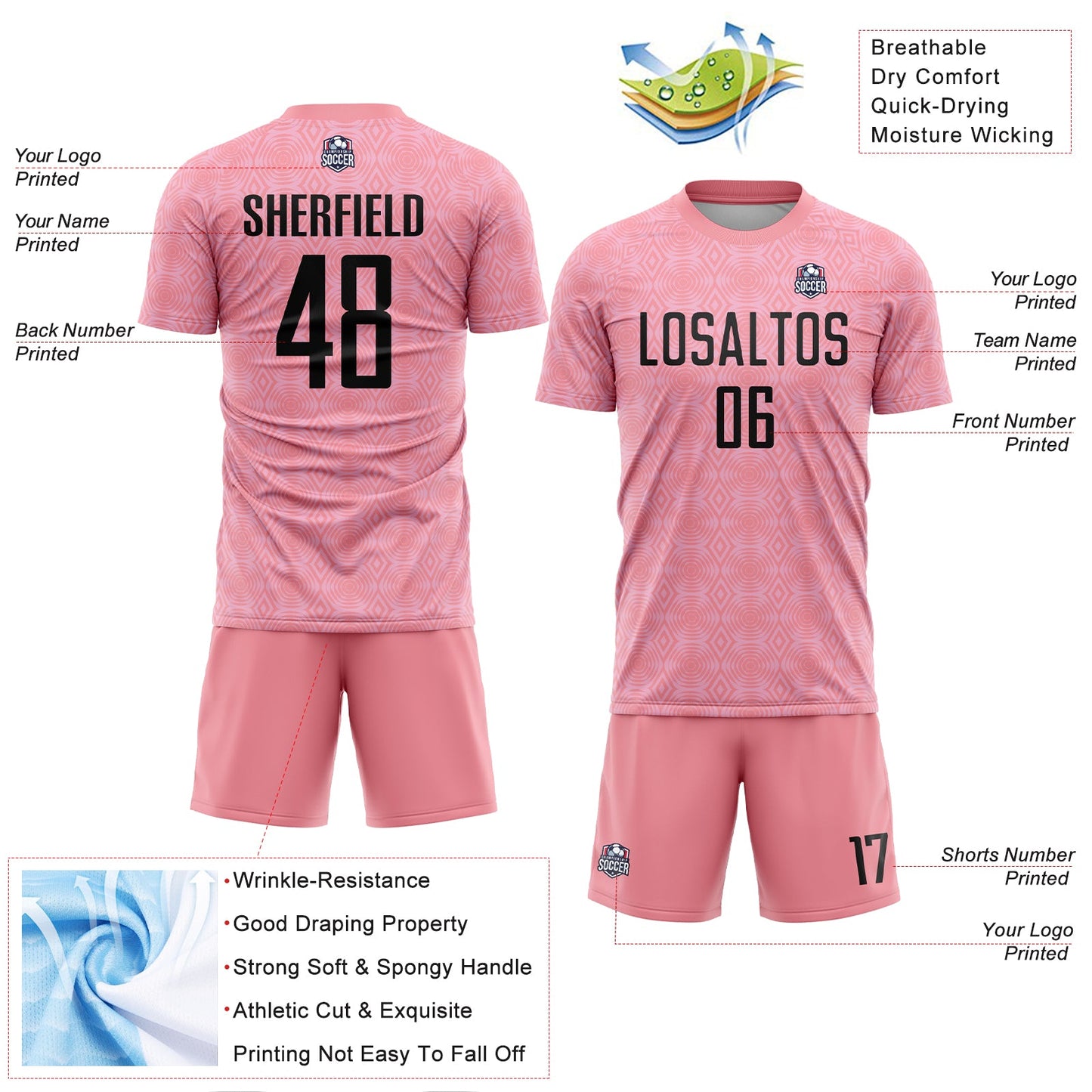 Custom Medium Pink Black-Light Pink Geometric Shapes Sublimation Soccer Uniform Jersey - Sky-Custom