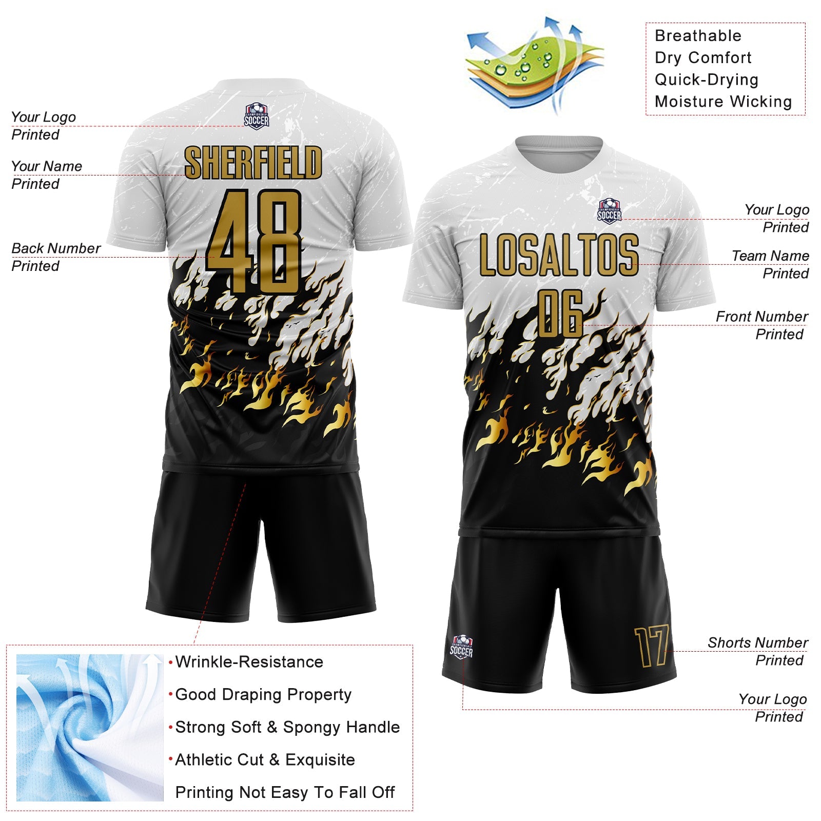 Custom White Old Gold-Black Flame Sublimation Soccer Uniform Jersey - Sky-Custom