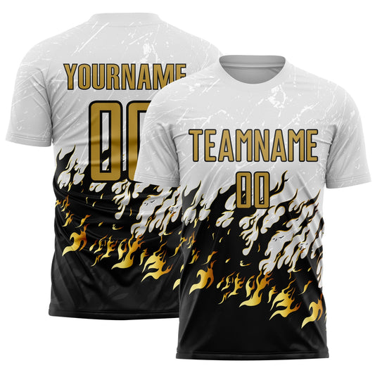 Custom White Old Gold-Black Flame Sublimation Soccer Uniform Jersey - Sky-Custom